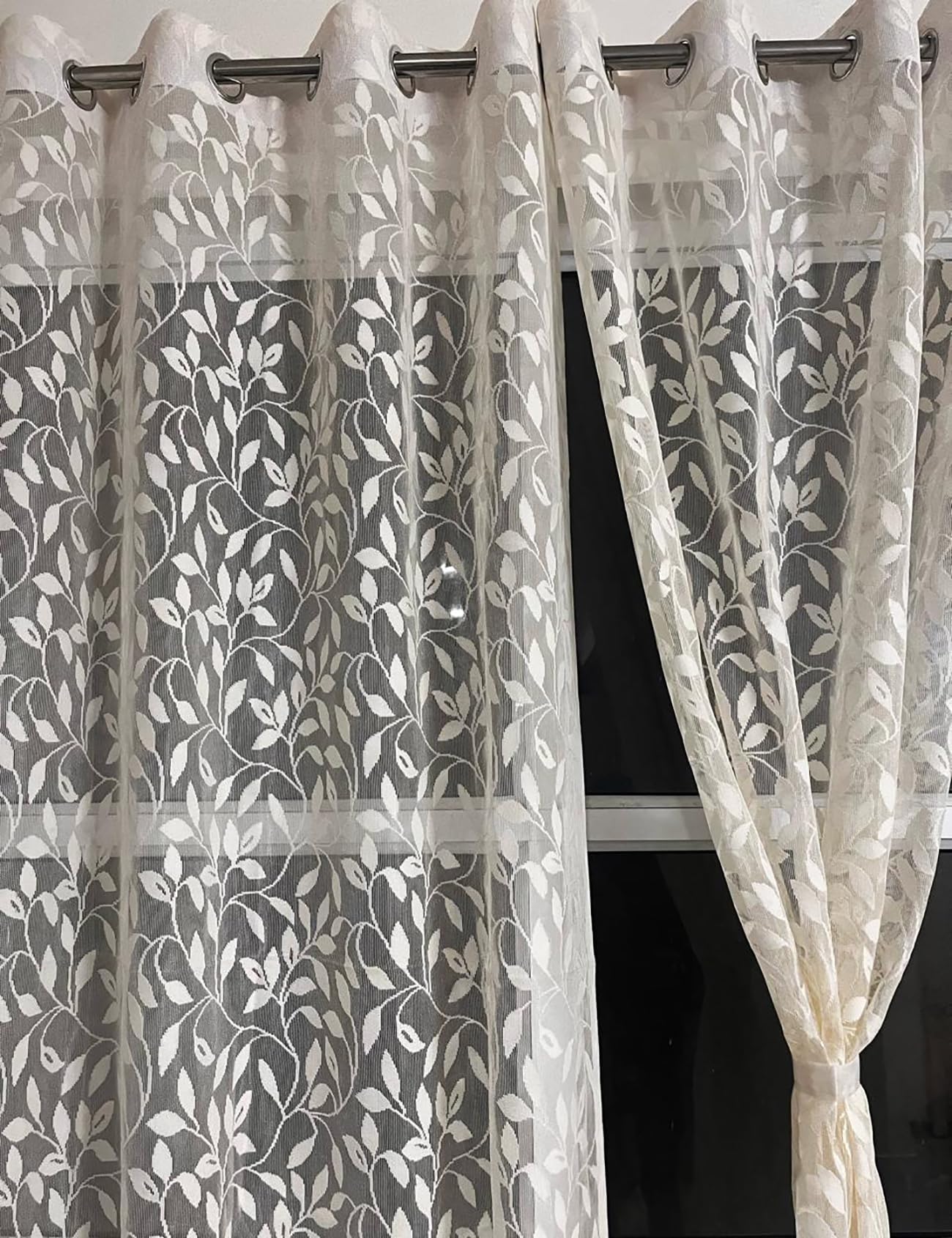 Fabrilia Leaf Floral Pattern Door Net Curtains 7 feet Long Set of 2 for Living Room/Bedroom, Cream-image-36