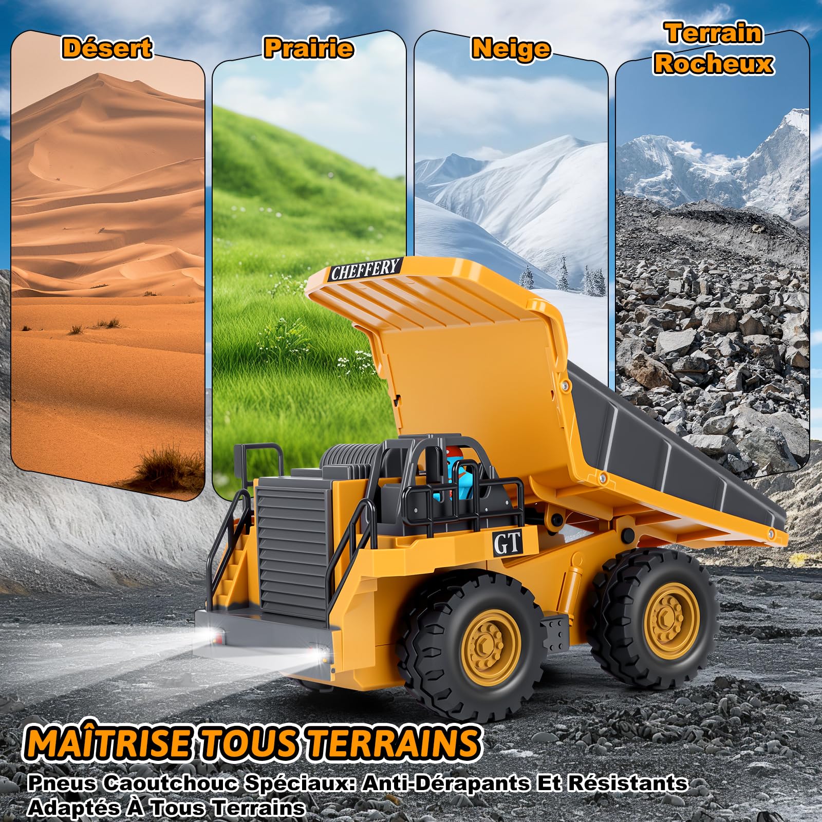 Camion Benne Télécommandé, Véhicule de Construction RC pour Enfants avec Lumière et Musique, 9 Canaux Camion Benne Jouet, Chantier Télécommandée Cadeau pour Garçon de 3 4 5 6 7 8 Ans