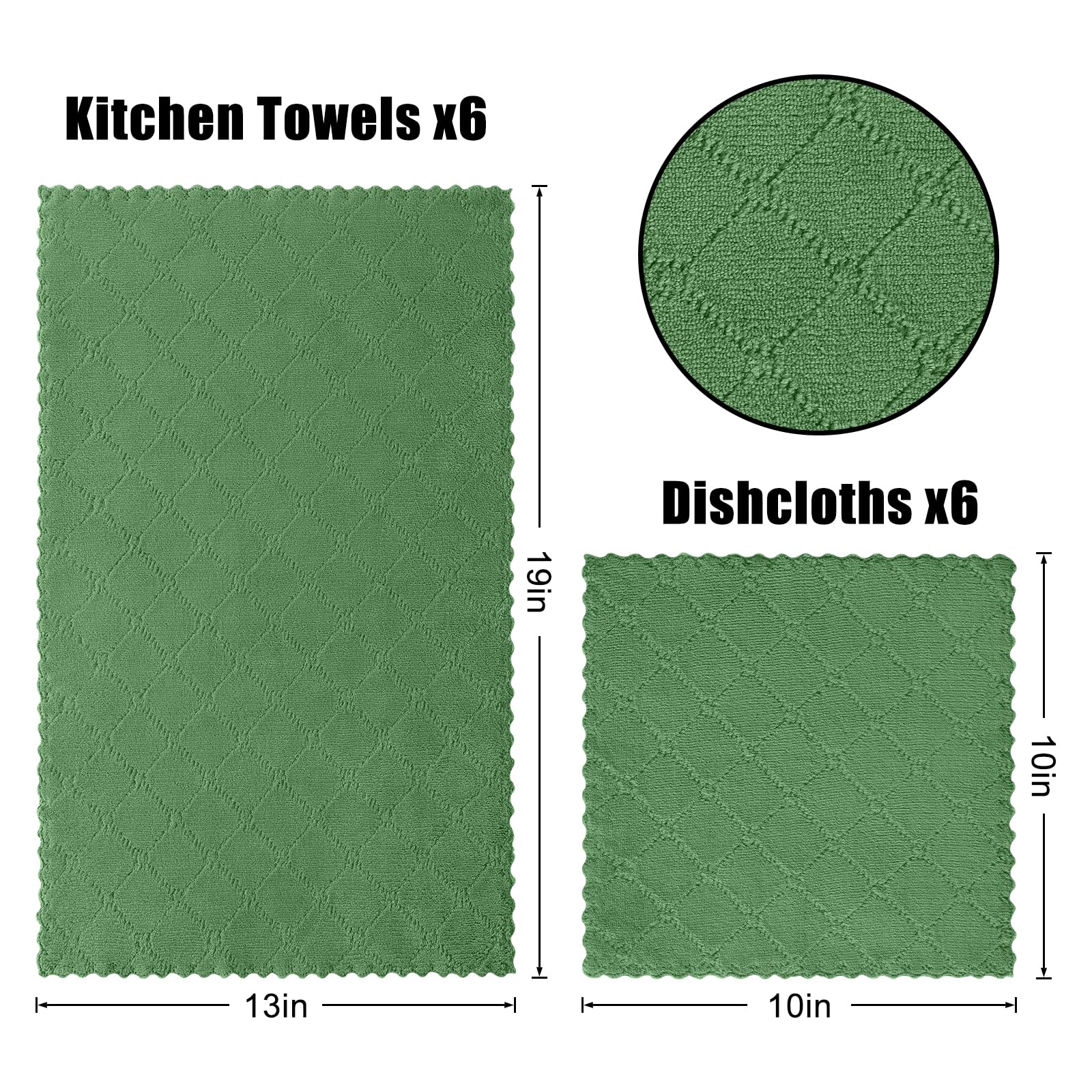 Homaxy Lot de 12 torchons de cuisine et torchons de cuisine en velours corail, 25,4 x 25,4 cm et 33 x 48,3 cm, super doux et absorbants, sans peluches et anti-adhésifs, séchage rapide, vert gazon