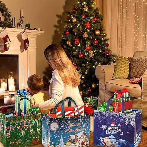 Miniatura 6 de 12 bolsas grandes de regalo de Navidad con papel de seda y etiquetas, bolsas reutilizables de Navidad con asas, bolsa de Navidad no tejida a granel