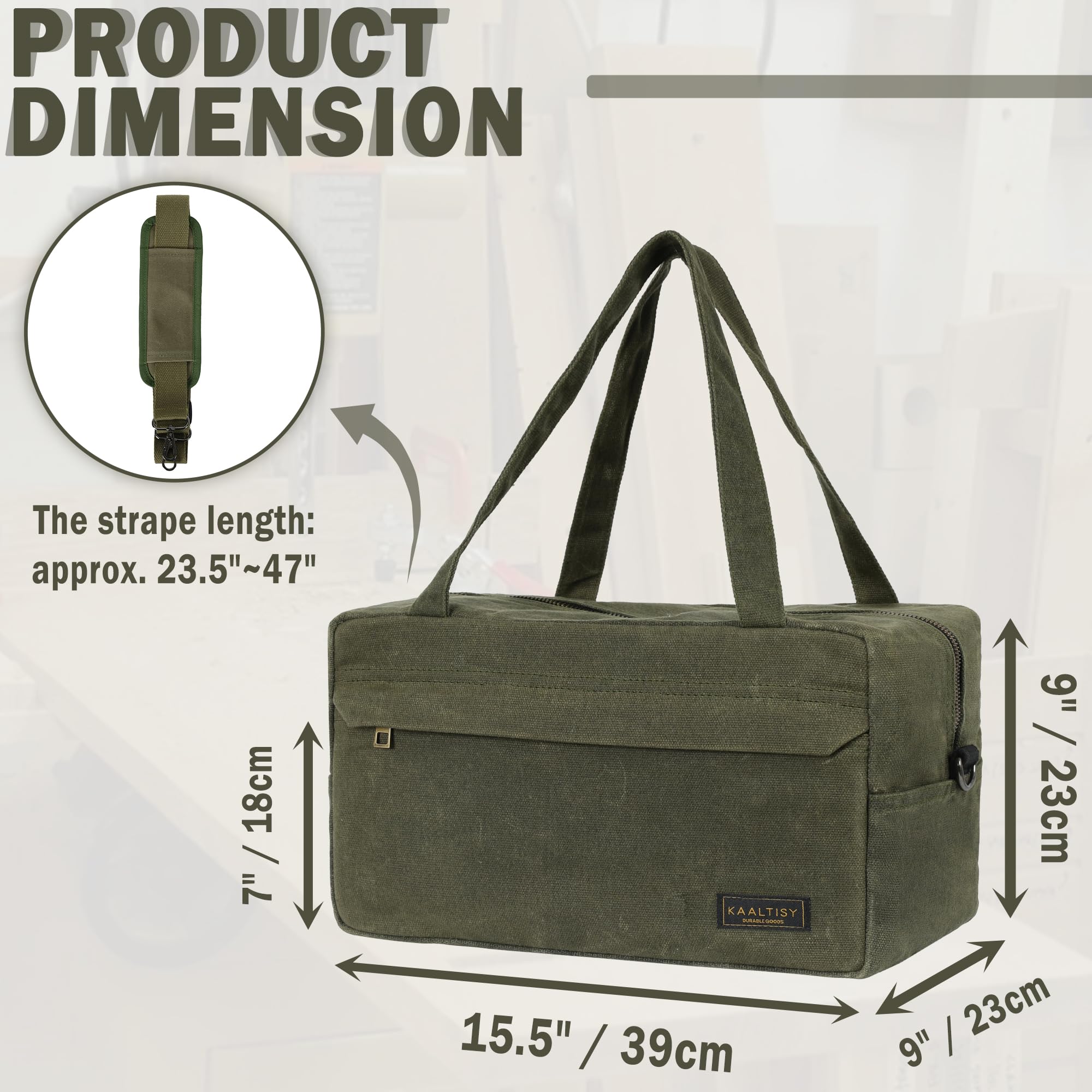 Sac fourre-tout à outils, 473,6 g en toile cirée avec 7 poches et bandoulière – pour électricien, entrepreneur, réparateur, porte-outils de jardin multifonction avec poignée portable, vert kaki