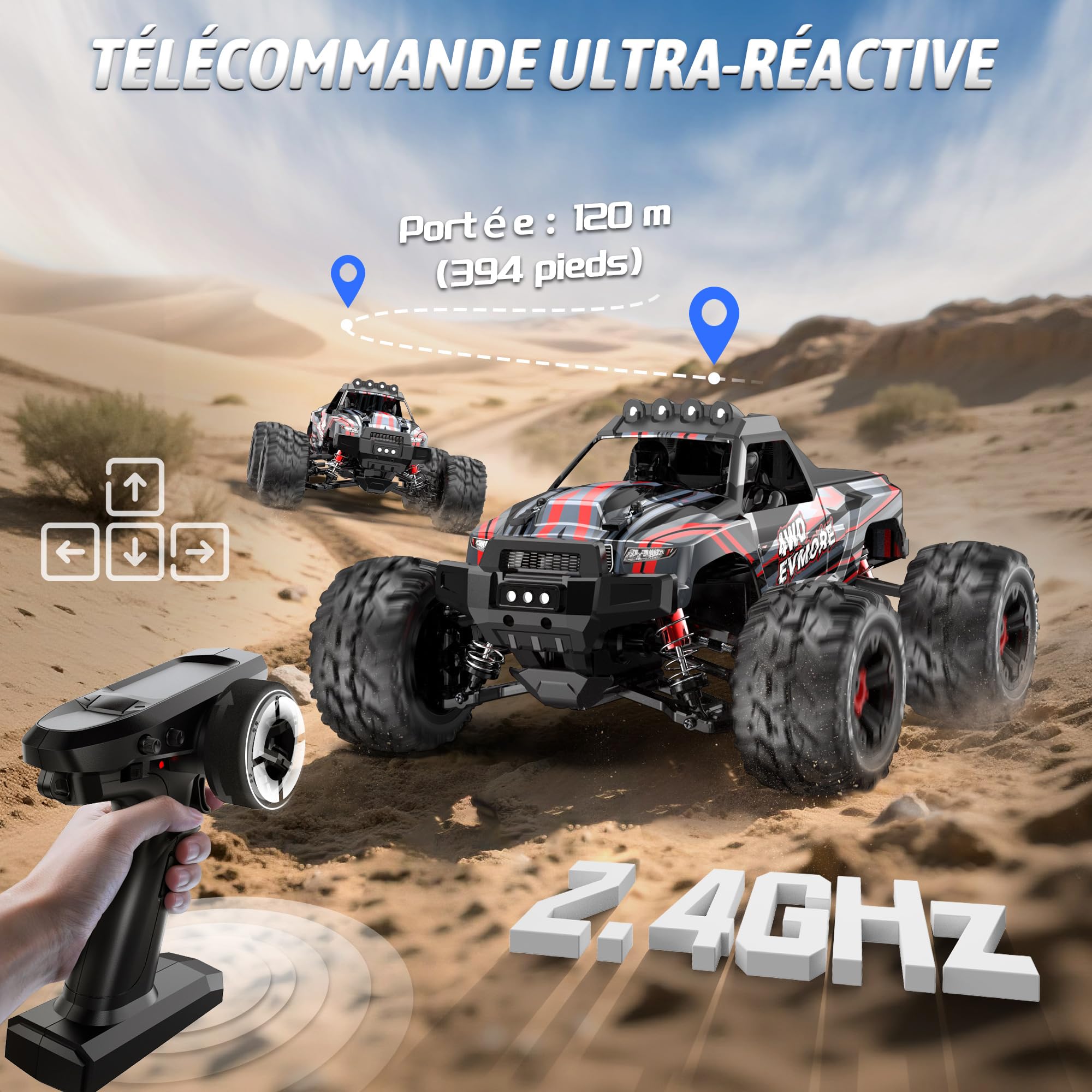 Evmore Voiture Télécommandée 1:16 4WD, 2,4 GHz Voiture RC Haute Vitesse Moteur sans Balais 55 km/h, 4x4 Télécommandée Tout Terrain Étanche Véhicule Électrique RTR Jouets avec 2 Batteries pour 40mins