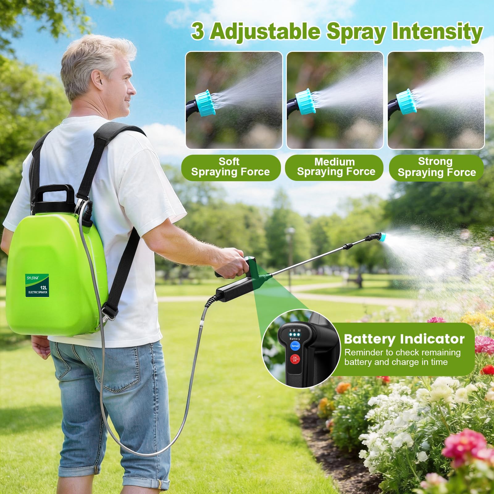 SYLSTAR Spruzzatore a zaino alimentato a batteria da 12 l,
