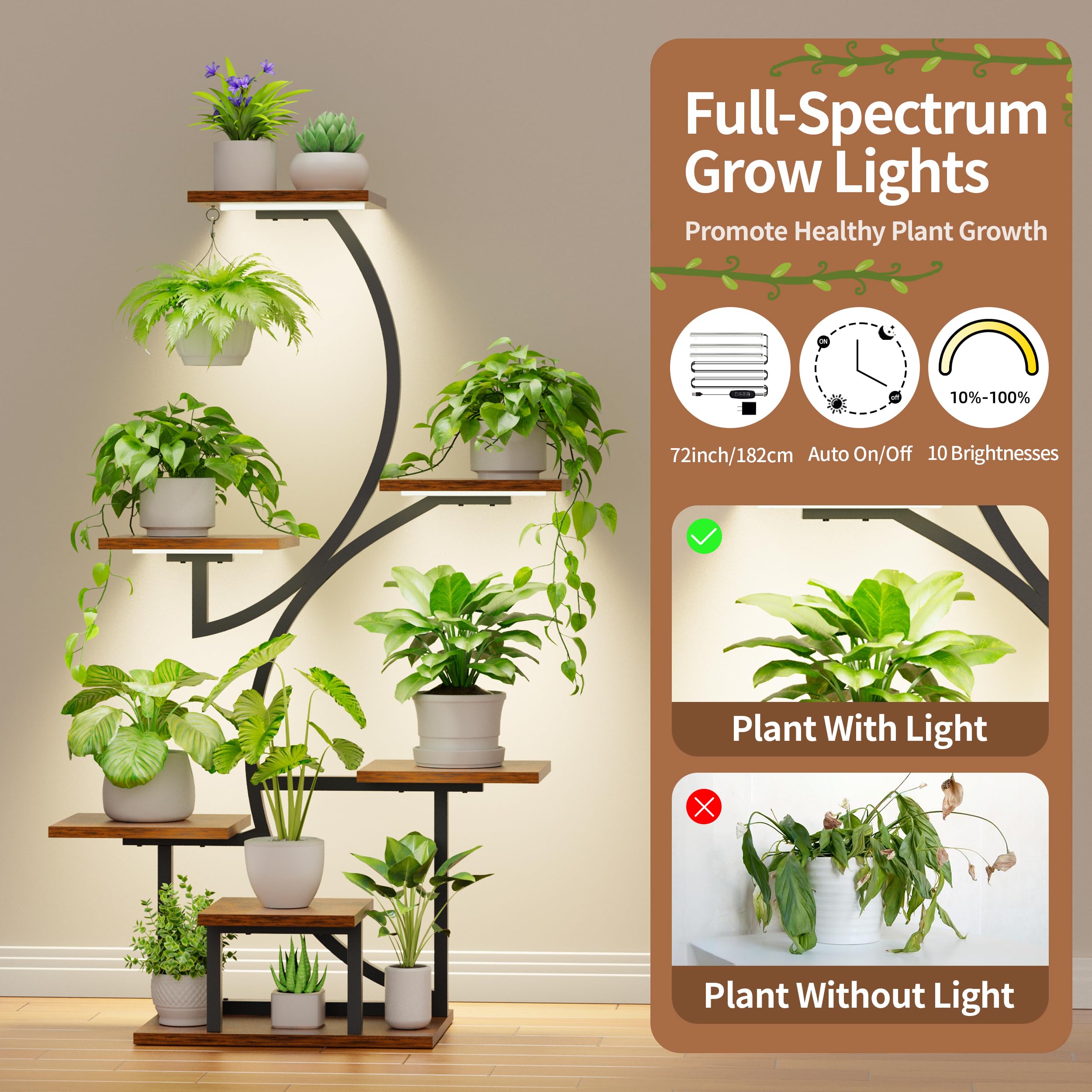 Soporte para plantas de interior con luces de crecimiento, estante para plantas de 7 niveles para interiores, soporte de esquina de 44 pulgadas para plantas de interior, estante alto de 3
