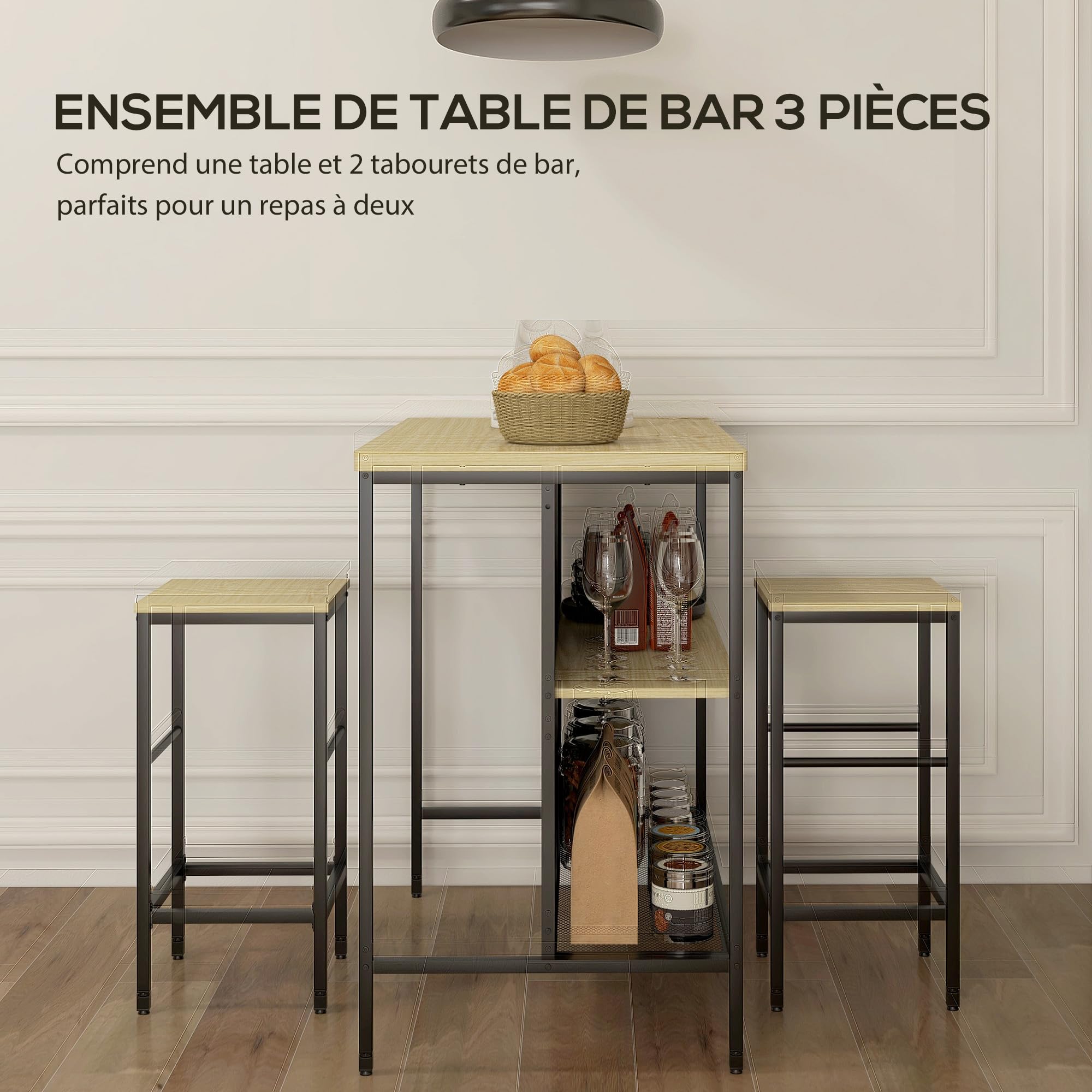 HOMCOM Ensemble Table de Bar et 2 tabourets avec Repose-Pieds, étagère de Rangement, Style Industriel, métal Noir et Aspect Bois