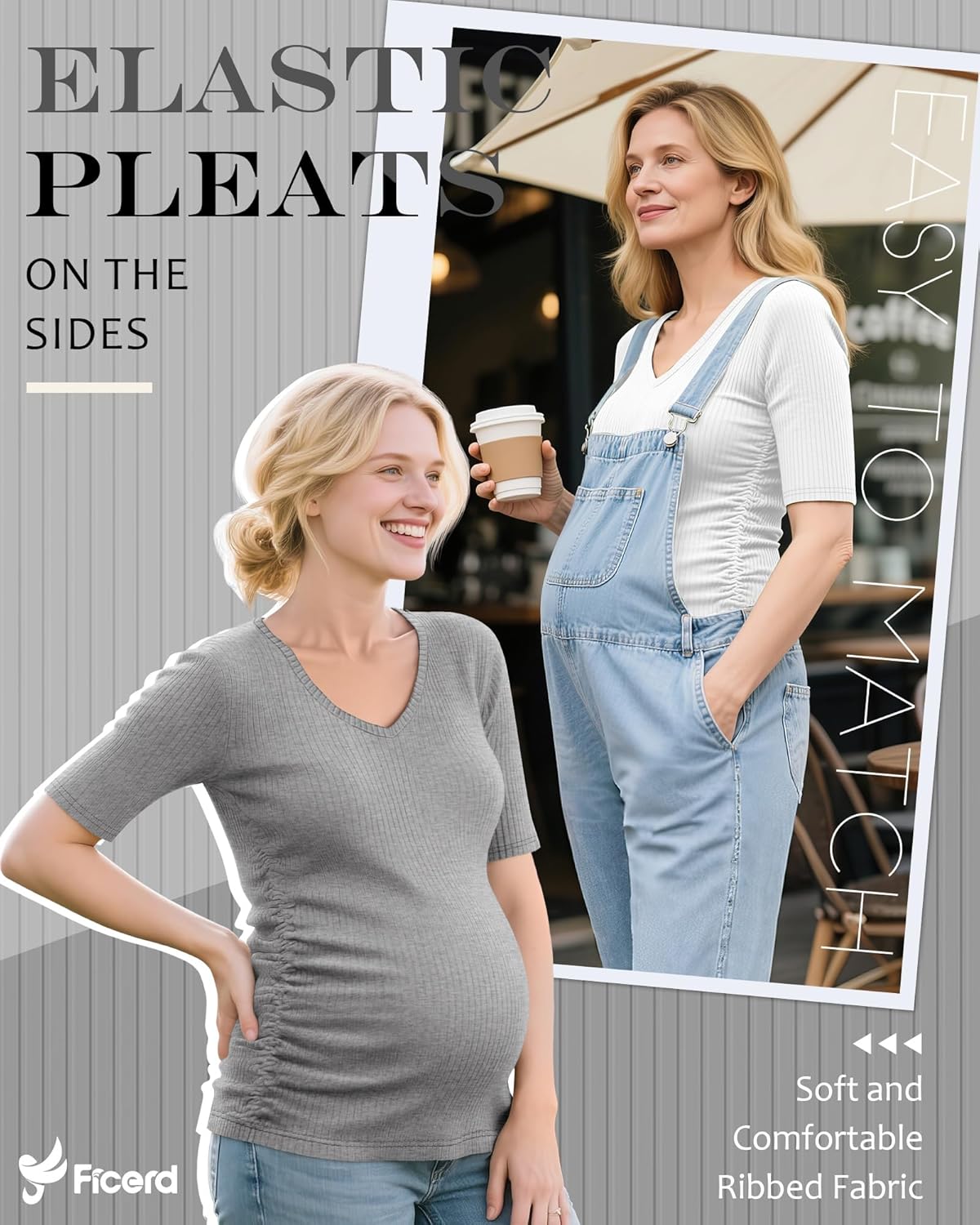 Ficerd 4 Pack Women’s Maternity Shirts, Cotton Half Sleeve Pregnancy Tops Ribbed V Neck Casual Slim Fit Maternity Clothes - Image 4