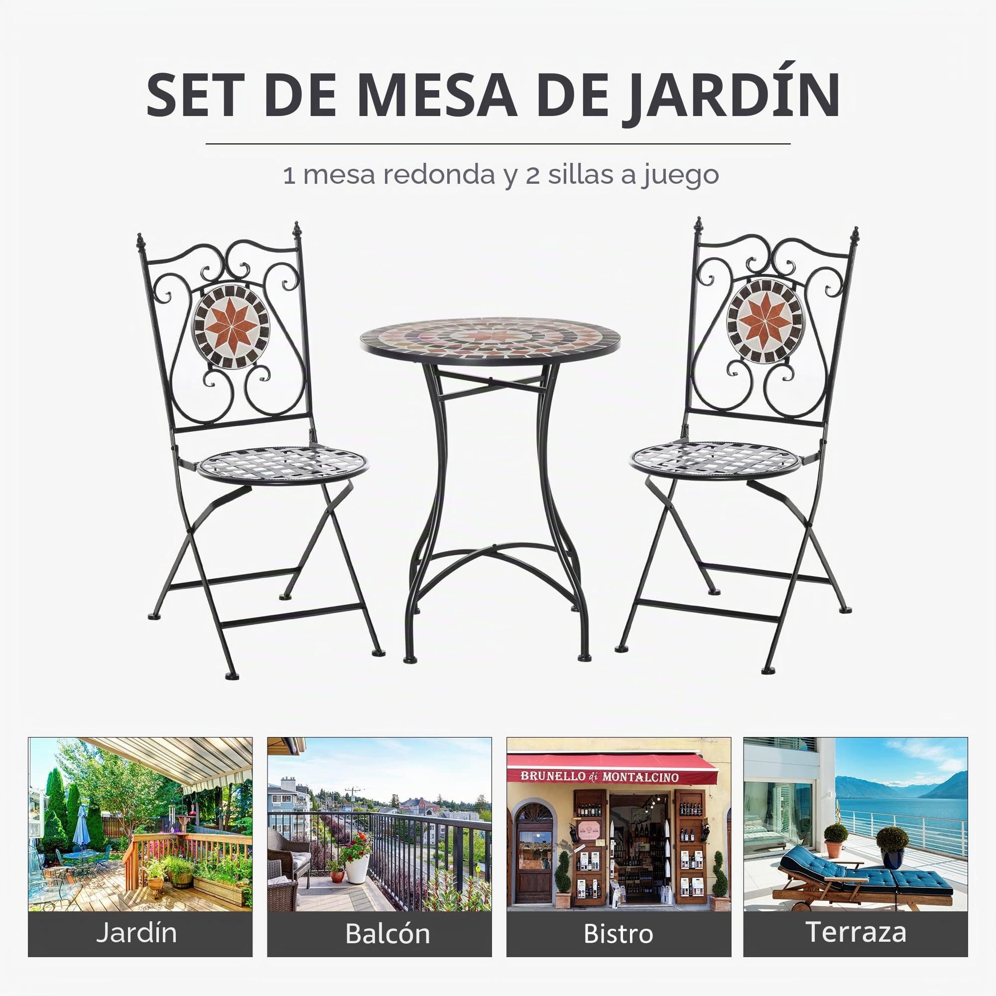 Outsunny 3 Piezas Mosaico Set Bistro, Mesa, 2 Sillas Plegables Negras | Asientos Exteriores, Marco de Metal, Elegante Volutas, Interior Patio Balcón