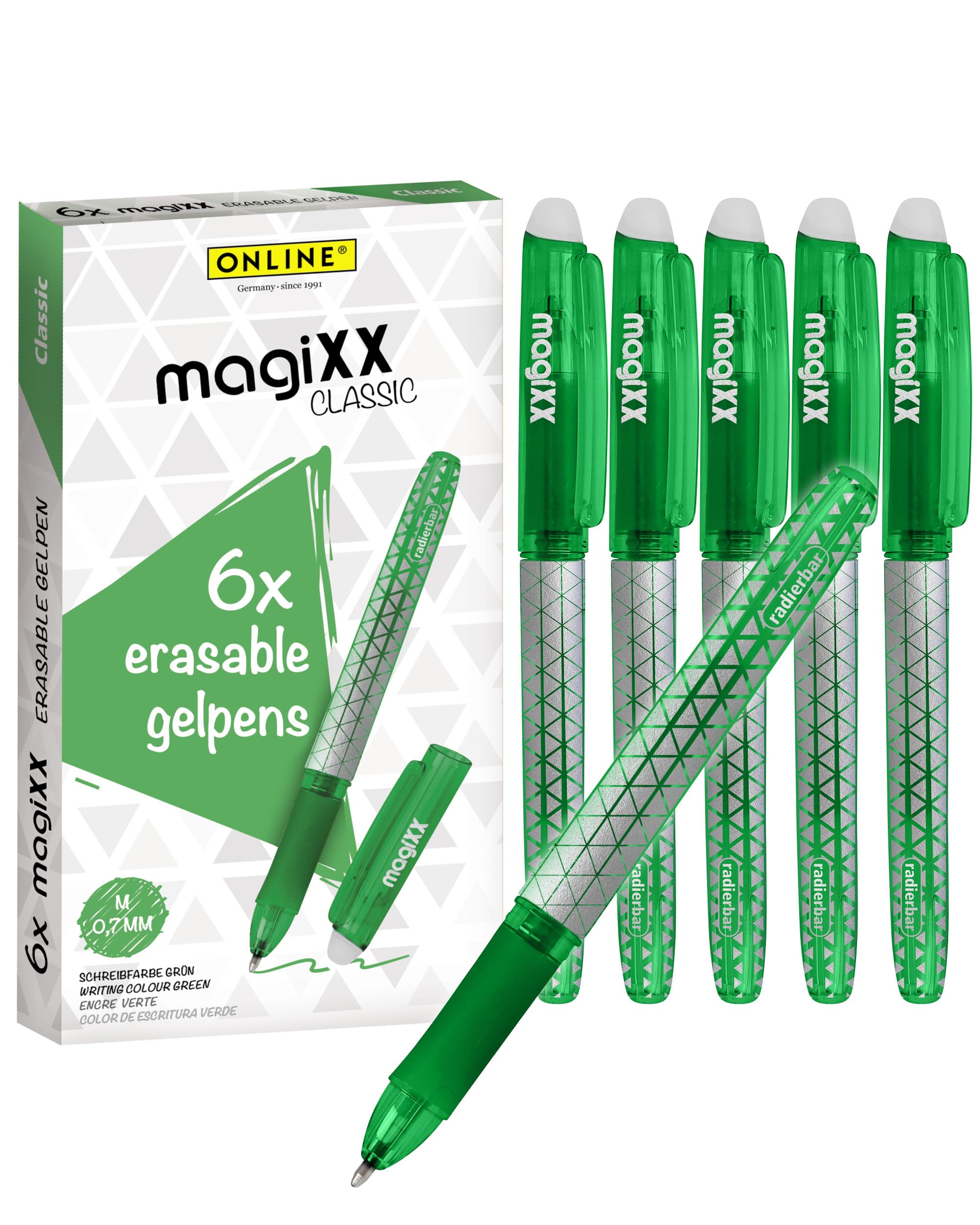 Online magiXX Classic, 6 x Erasable Rollerball Pens, Green, Gel Pens, 0.7 mm, Value Pack Erasable Ballpoint Pens