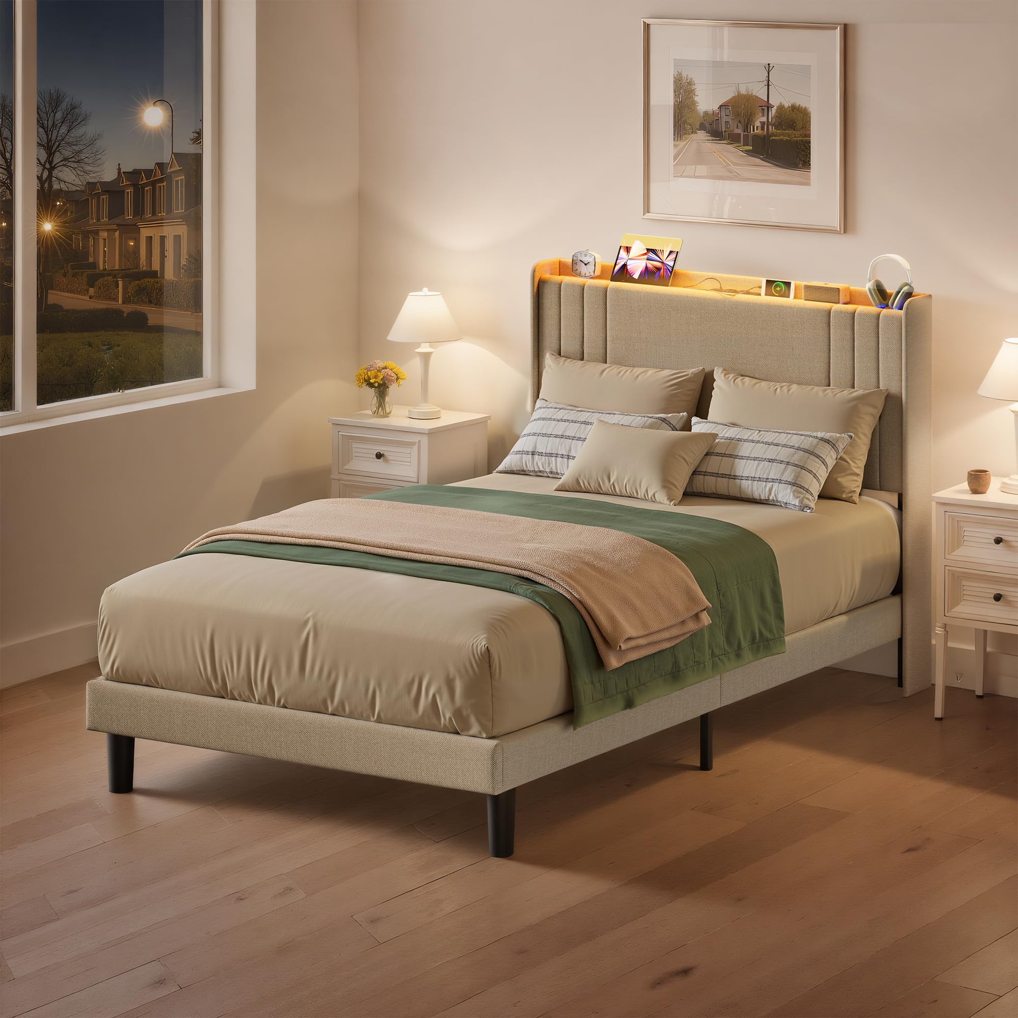 Letto imbottito con luce LED 120 x 200 cm，Piattaforma Struttura letto (2 Prese CA 2 Porte USB), Per le camere degli ospiti e le camere da letto (Beige, 120 x 200 cm)