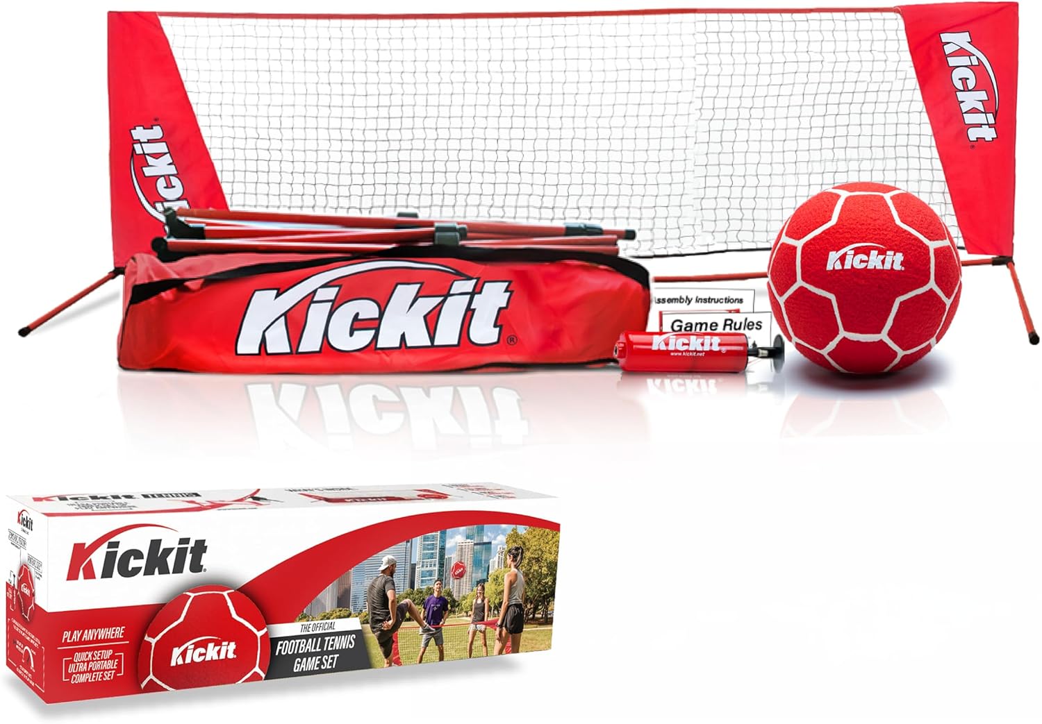 Kickit Soccer Tennis Game Set, Portable 6.5' Wide x 2' High Net & Soft Lightweight Ball, Play Outdoors, Indoors, Backyard, Beach, Complete Skills Training & Travel Friendly, Original
