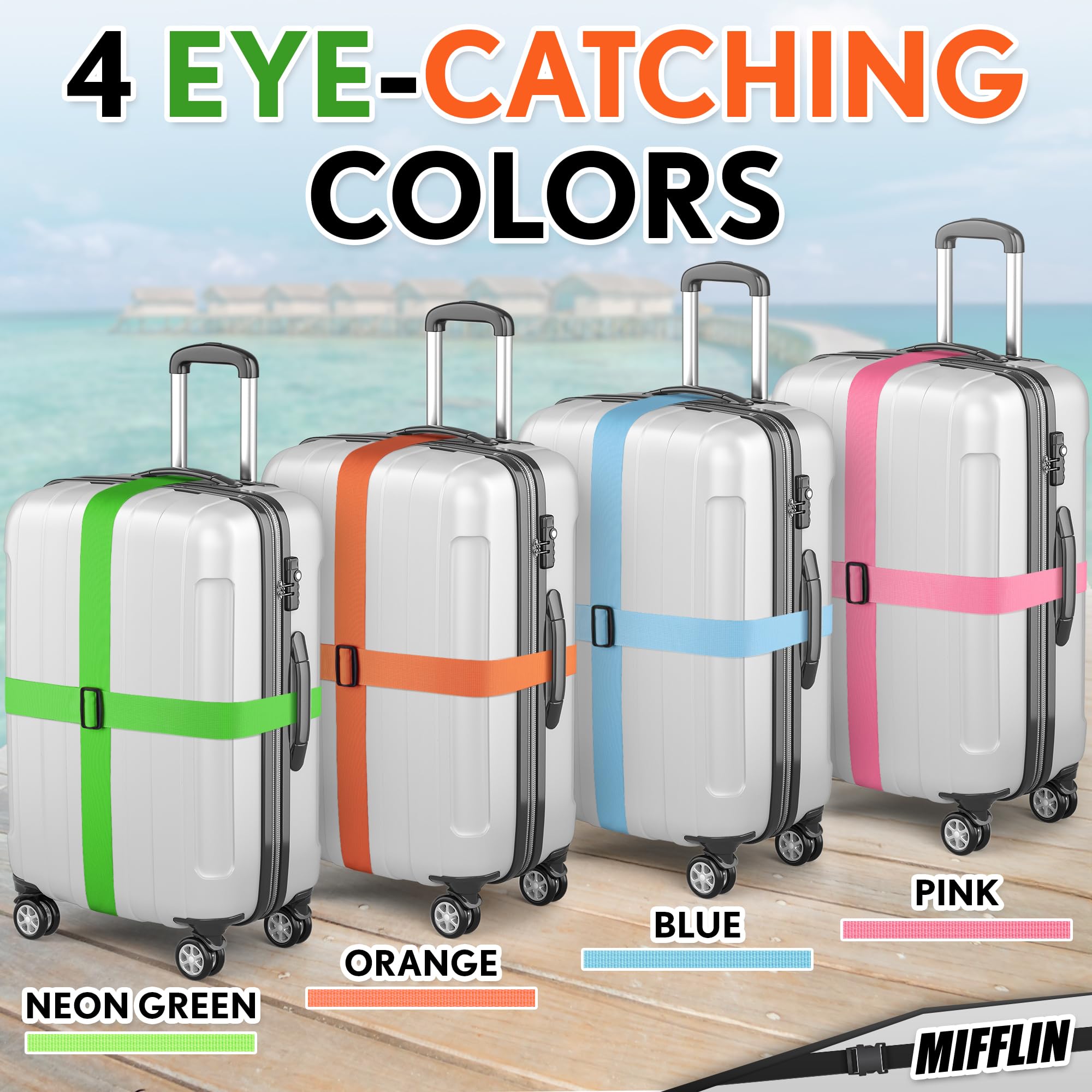 Luggage Straps - Mixed Color, 2m Long, 5cm Wide, 4 Pack - Adjustable Nylon Belt for Travel Suitcases & Bags - by Mifflin