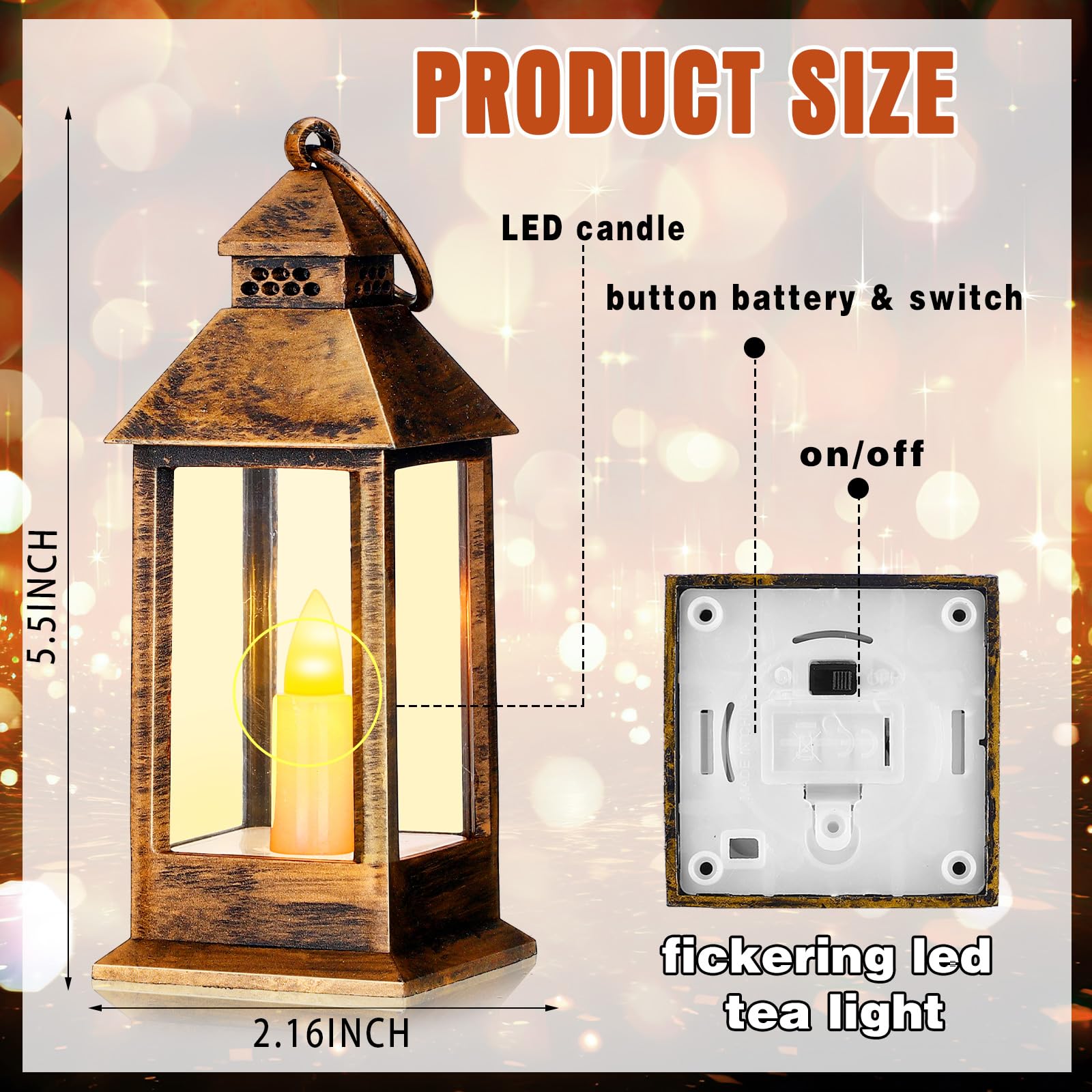 Hoolerry 24 Set Mini Lanterns with Flickering LED Candles 5.5'' Decorative Hanging Small Vintage Lantern Centerpiece Battery Powered for Wedding Table(Retro)