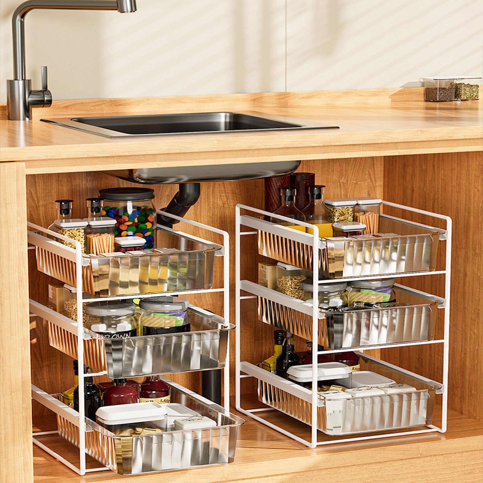 Dxcaicc Organiseur d'armoire extractible, tiroirs sous évier, Panier de Rangement pour tiroirs,étagère de Rangement Domestique pour Salle de Bain et Cuisine,d'or,2Layer