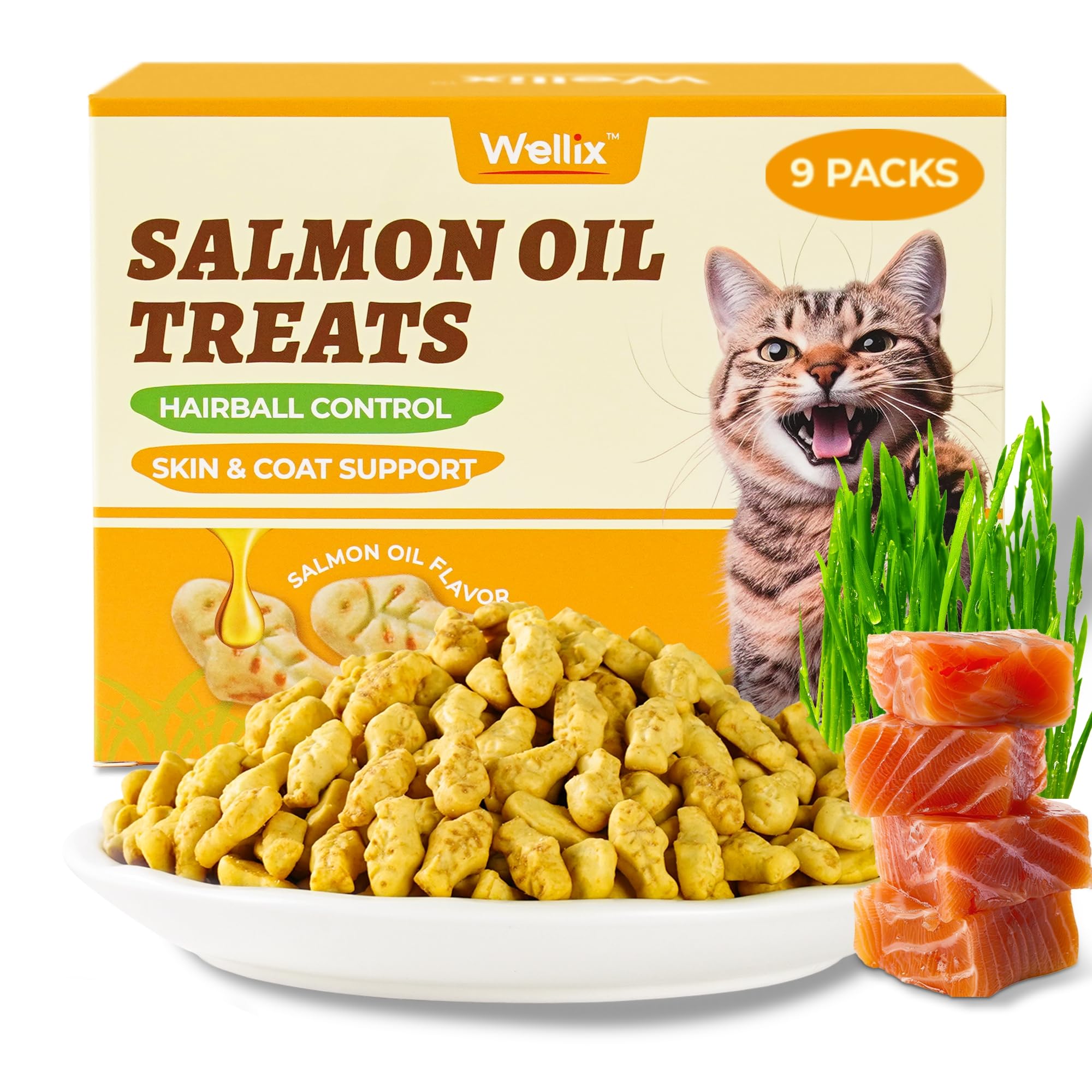 Wellix 16oz/450g Cat Treats for Indoor Cats - Salmon Oil Flavor Cat Biscuits - Healthy Kitten Snacks for Cats Grass & Salmon - Joint Support & Healthy Skin
