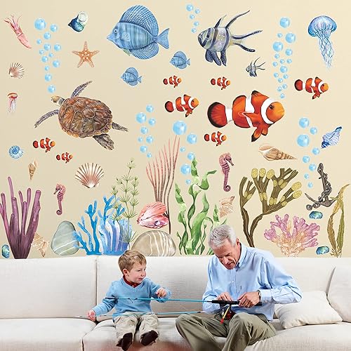Miniatura 7 de RW-1045 - Calcomanías de pared de animales marinos submarinos 3D, calcomanías de pared de animales marinos submarinos, bricolaje, peces corales,