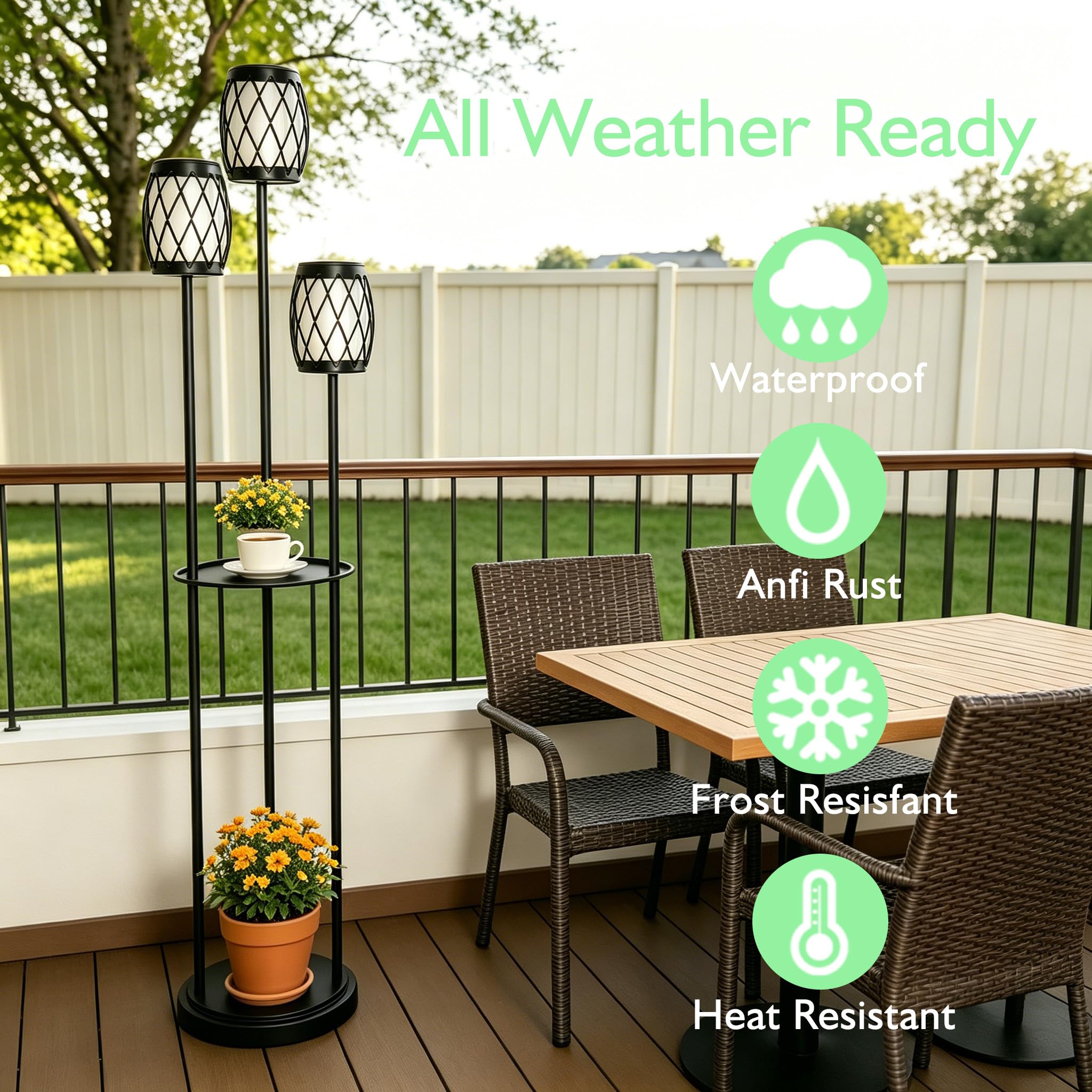 Lámpara solar de pie para exteriores, 3 cabezales, impermeable, de metal, poste con maceta y estantes, resistente al óxido, para todo tipo de clima, lámpara de pie para patio, terraza, jardín
