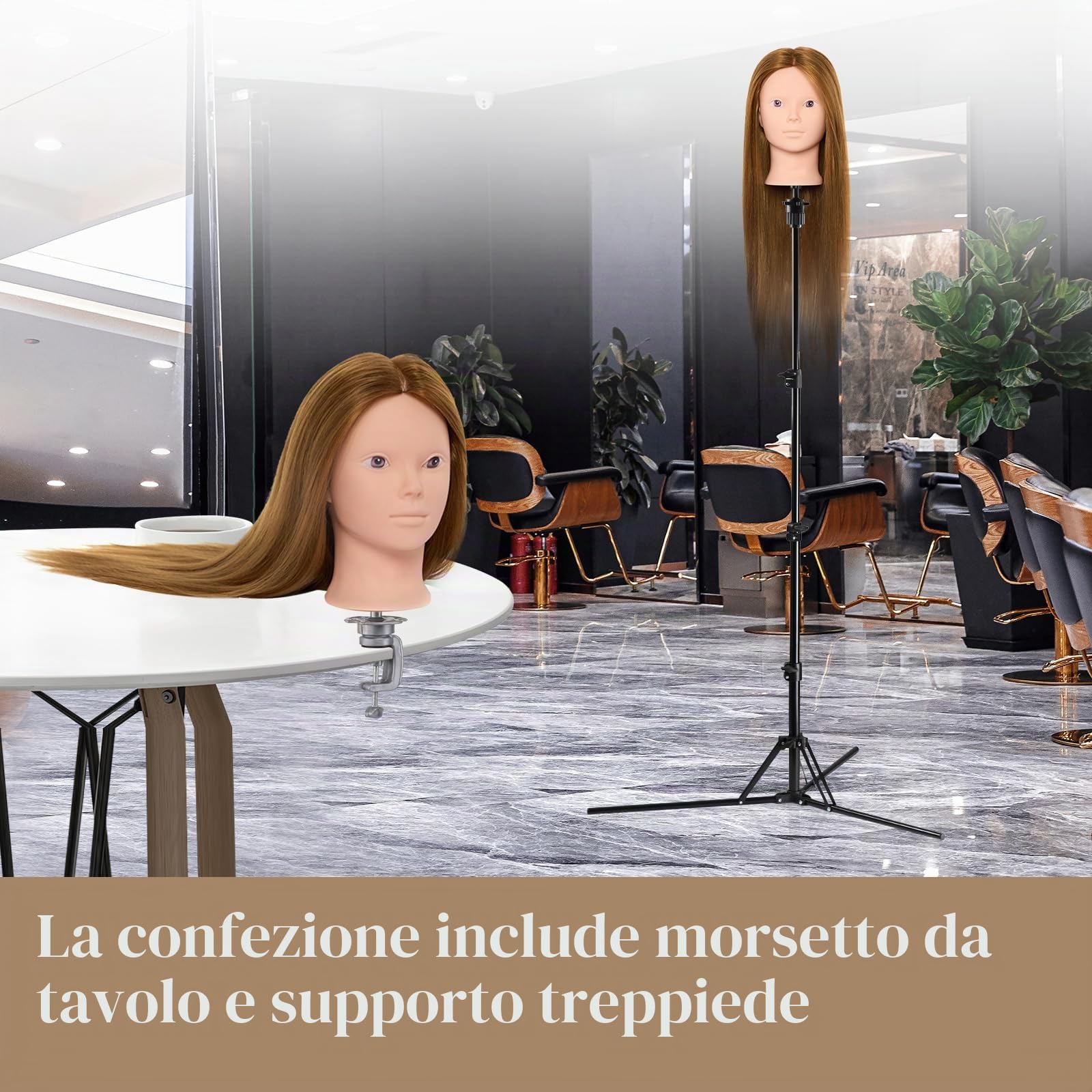 Neverland Beauty Testa per Parrucchieri con Treppiede 60% Capelli Umani Veri 71cm Testa Bambola da Truccare e Pettinare con Morsetto