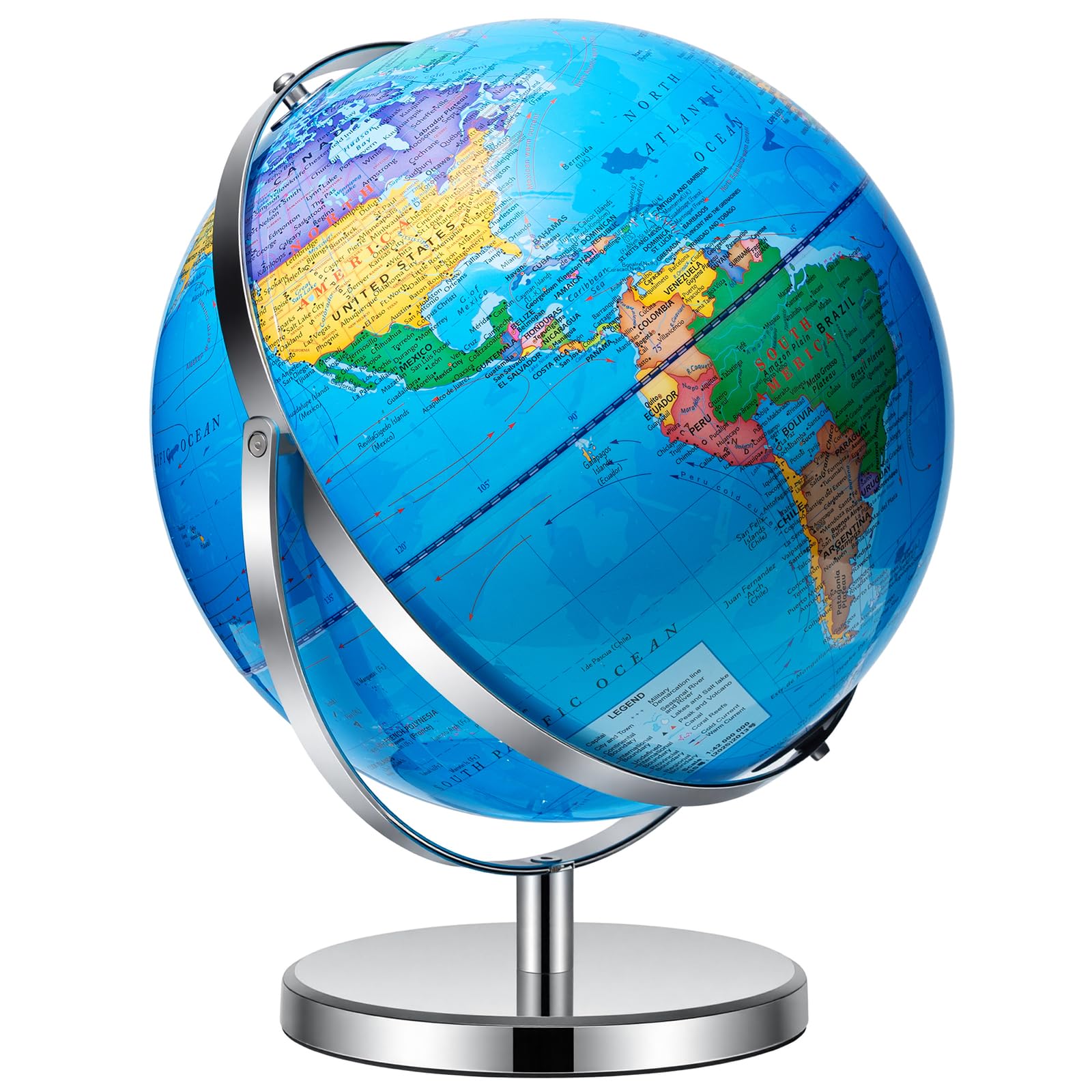 BSHAPPLUS World Globe with Stainless Steel Stand 13 inch, 720 Rotating & HD Waterproof Material, Teaching/Geographic/Decorative Globes with Clear Text