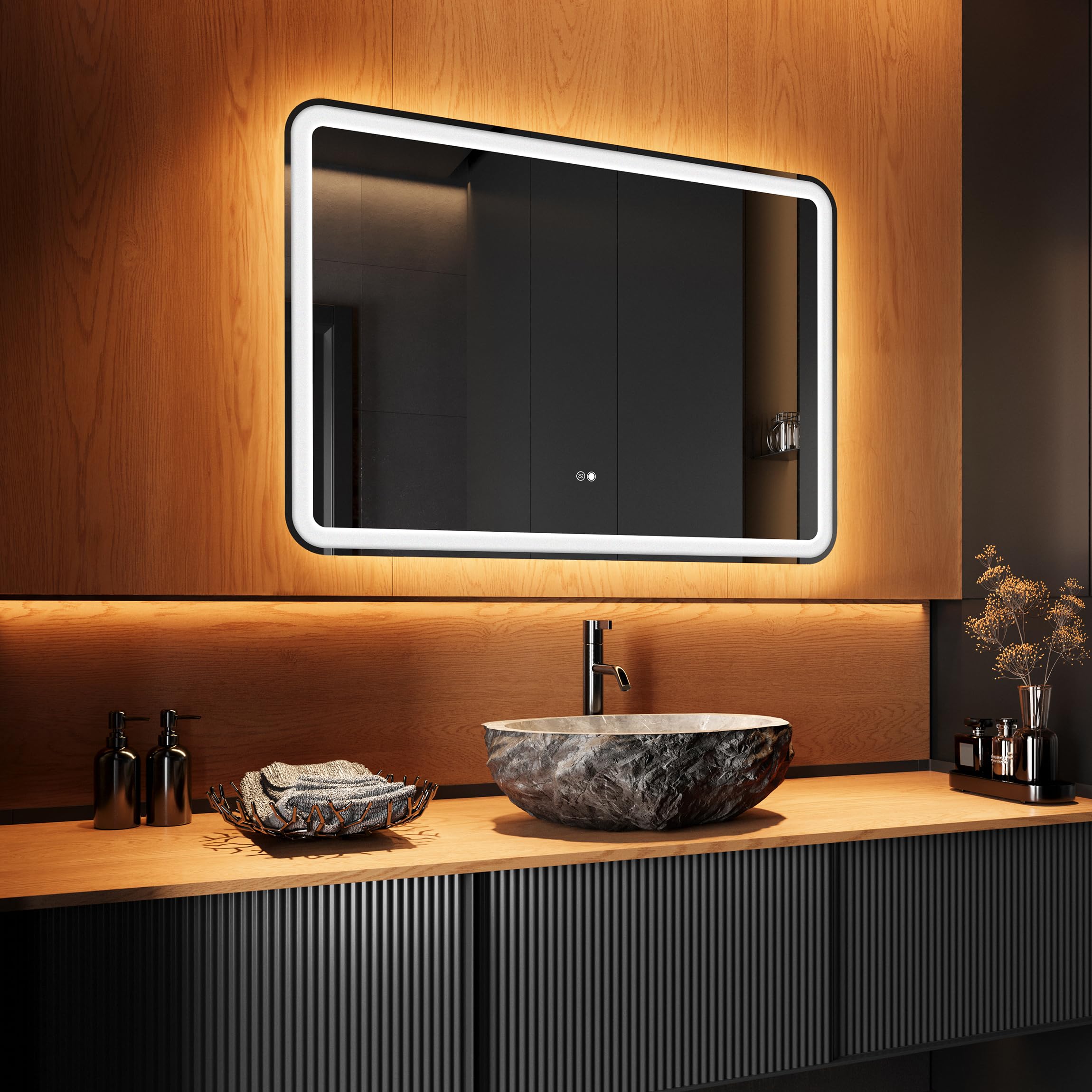 FORAM Espejo de Baño con Luces LED, Espejo Redondeado de Pared 100x70cm, Interruptor Táctil, Colores Ajustables Decoración (2700K - 6000K), Espejo LED Inteligente con Antivaho, Altavoz Bluetooth