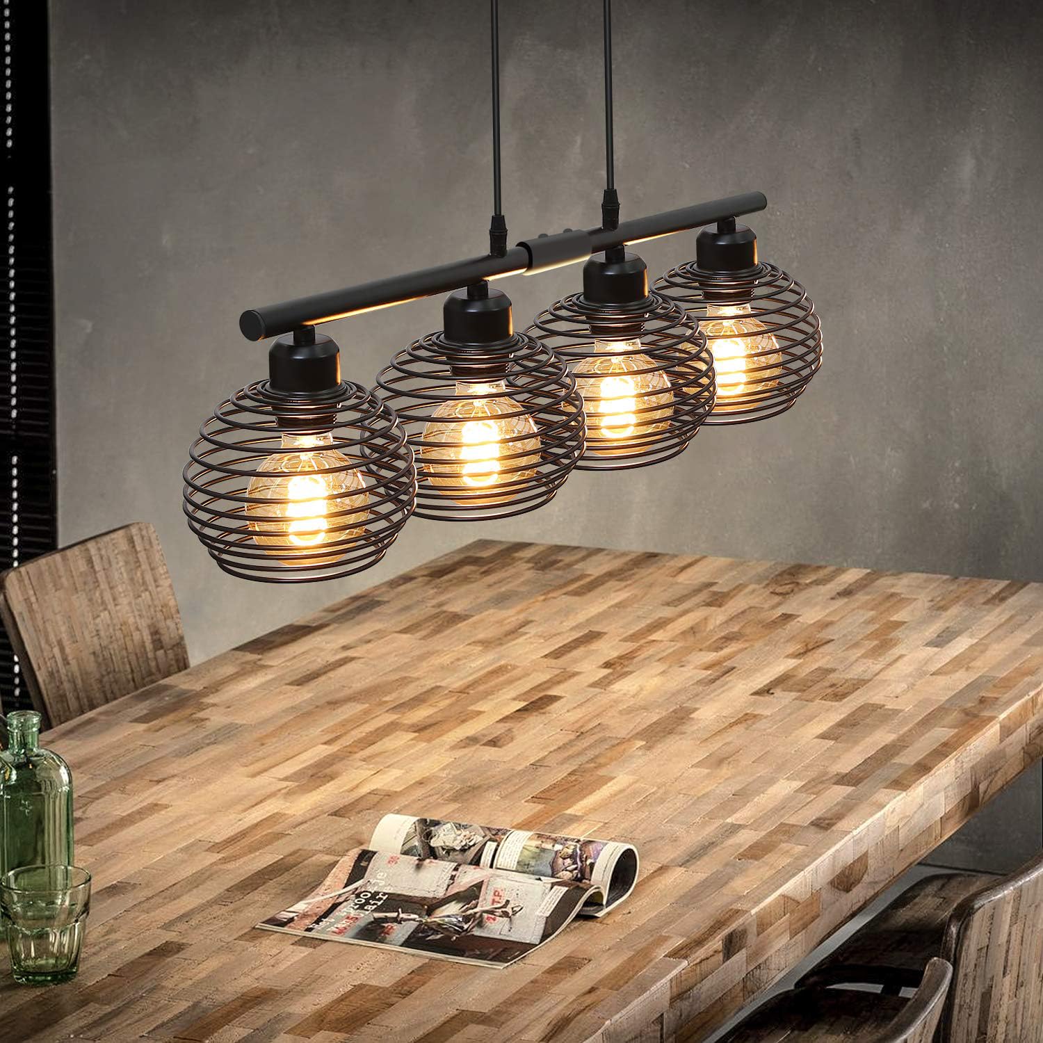 Metal Farmhouse Pendant Light Fixtures 4-Light Black Vintage Pendant Lights  Chandelier For Kitchen Island (No, image size:1500x1500