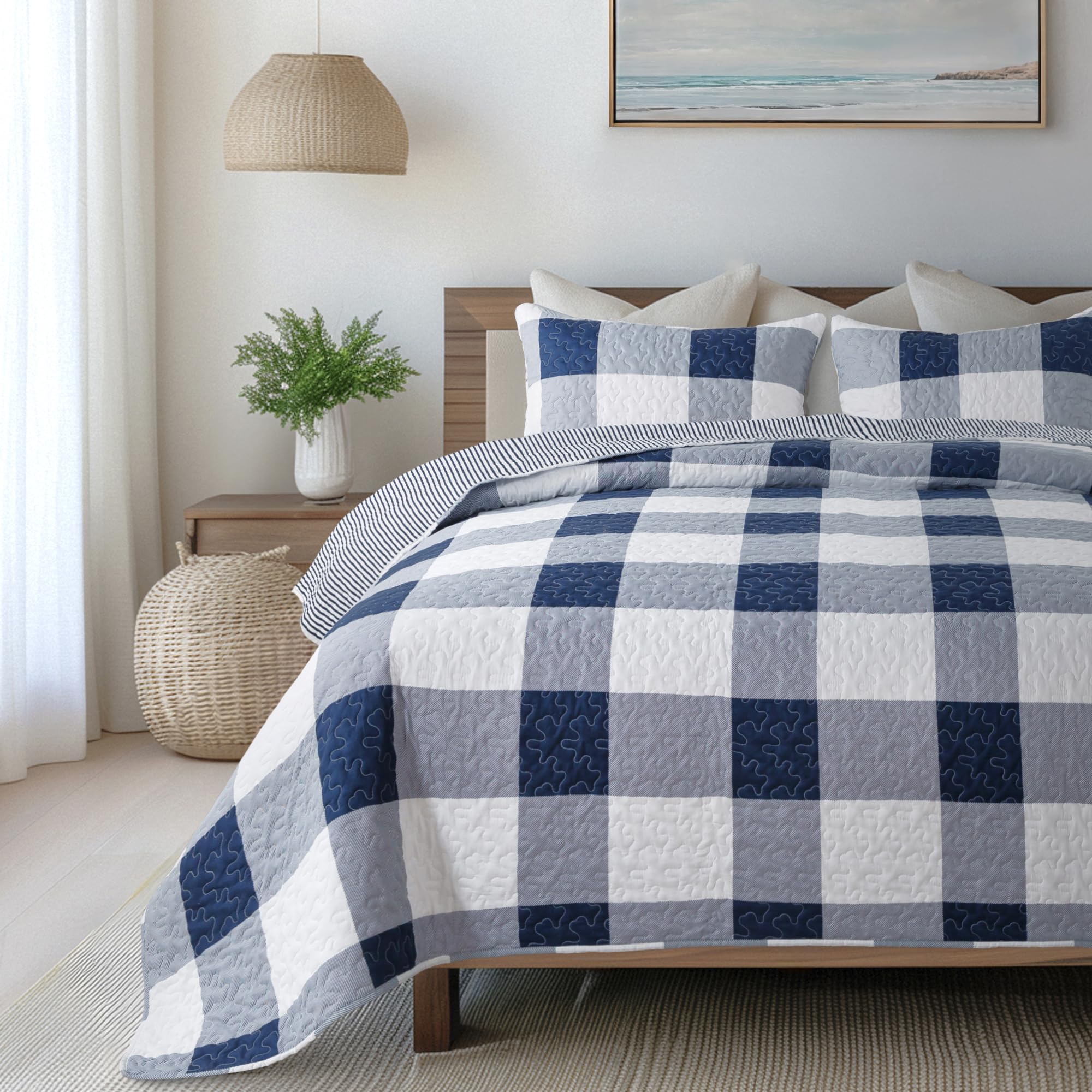 Soul & Lane Checks and Stripes Quilts Set - Queen Size with 2 Shams, Blue and White Buffalo Plaid Quilted Bedspread, Lightweight Navy Checkered
