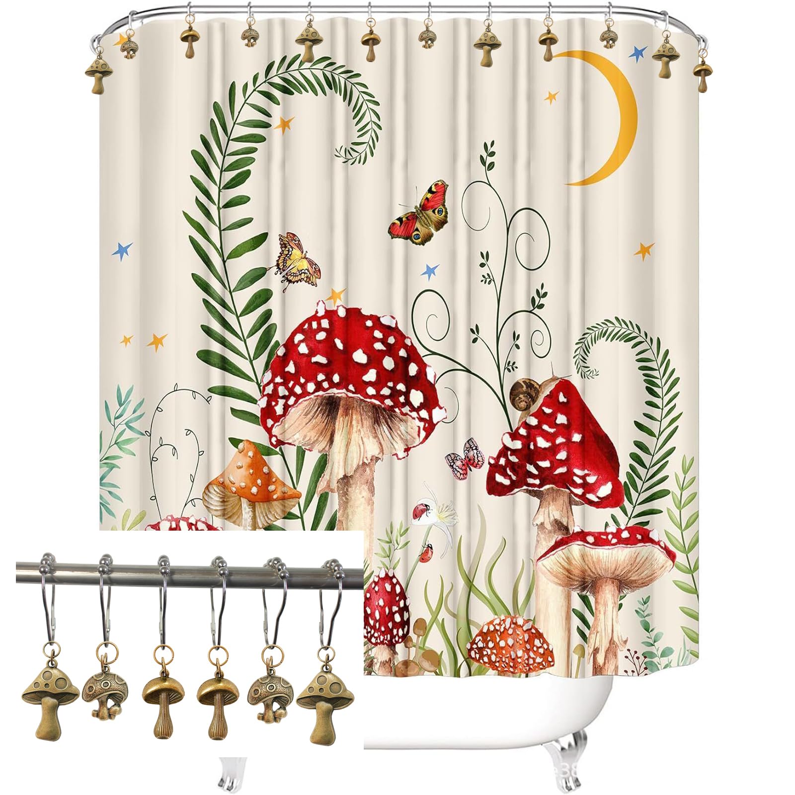 Haczyki do zasłony prysznicowej z grzybami, 12 szt., odporne na rdzę ze stali nierdzewnej, urocze wisiorki z grzybami, akcesoria, boho, retro, wróżka, las, roślina, styl dekoracyjny, dom, łazienka,