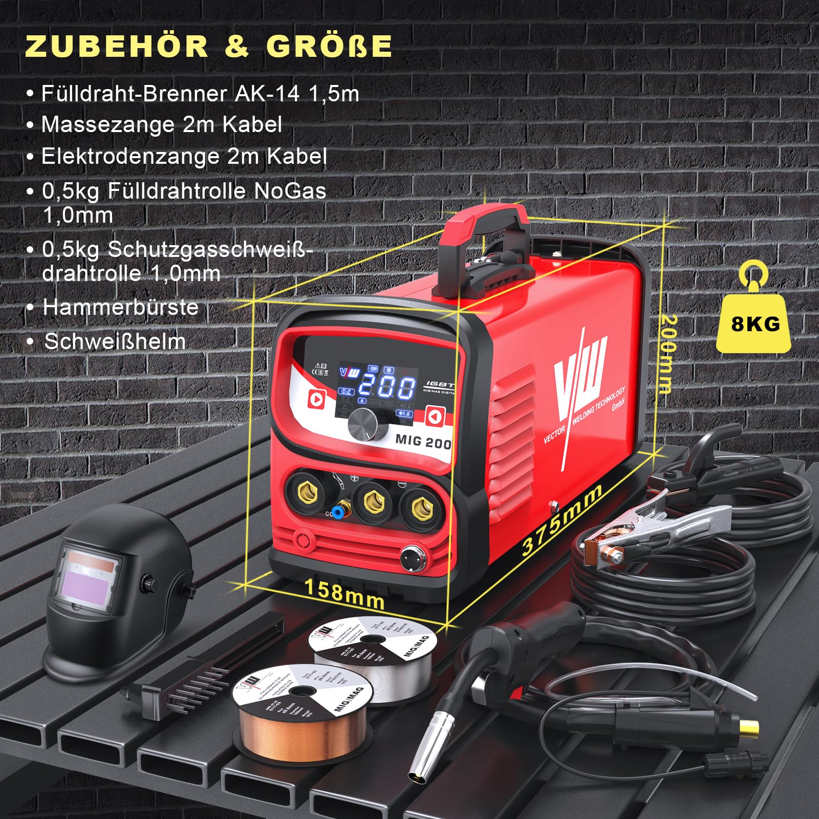 VECTOR WELDING MIG Schweißgerät 200 A Set, Fülldraht Schweissgerät, Elektrodenschweißgerät mit Digitales Display Leistungsstark für vielseitiges MIG, MAG und MMA Schweißen