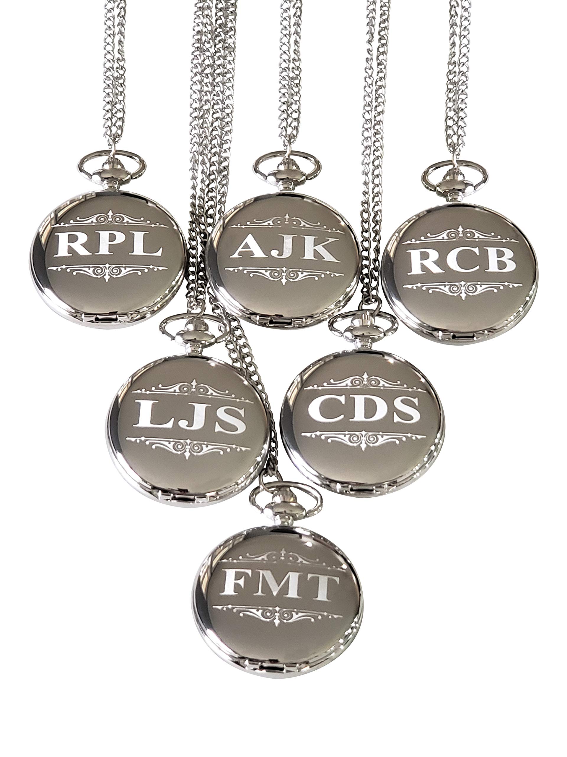 6 Custom Personalized Pocket Watches - Gold Wedding Gift Set - Groomsmen Personalized Watches with Chain and Box Included - Engraving Included (Black)