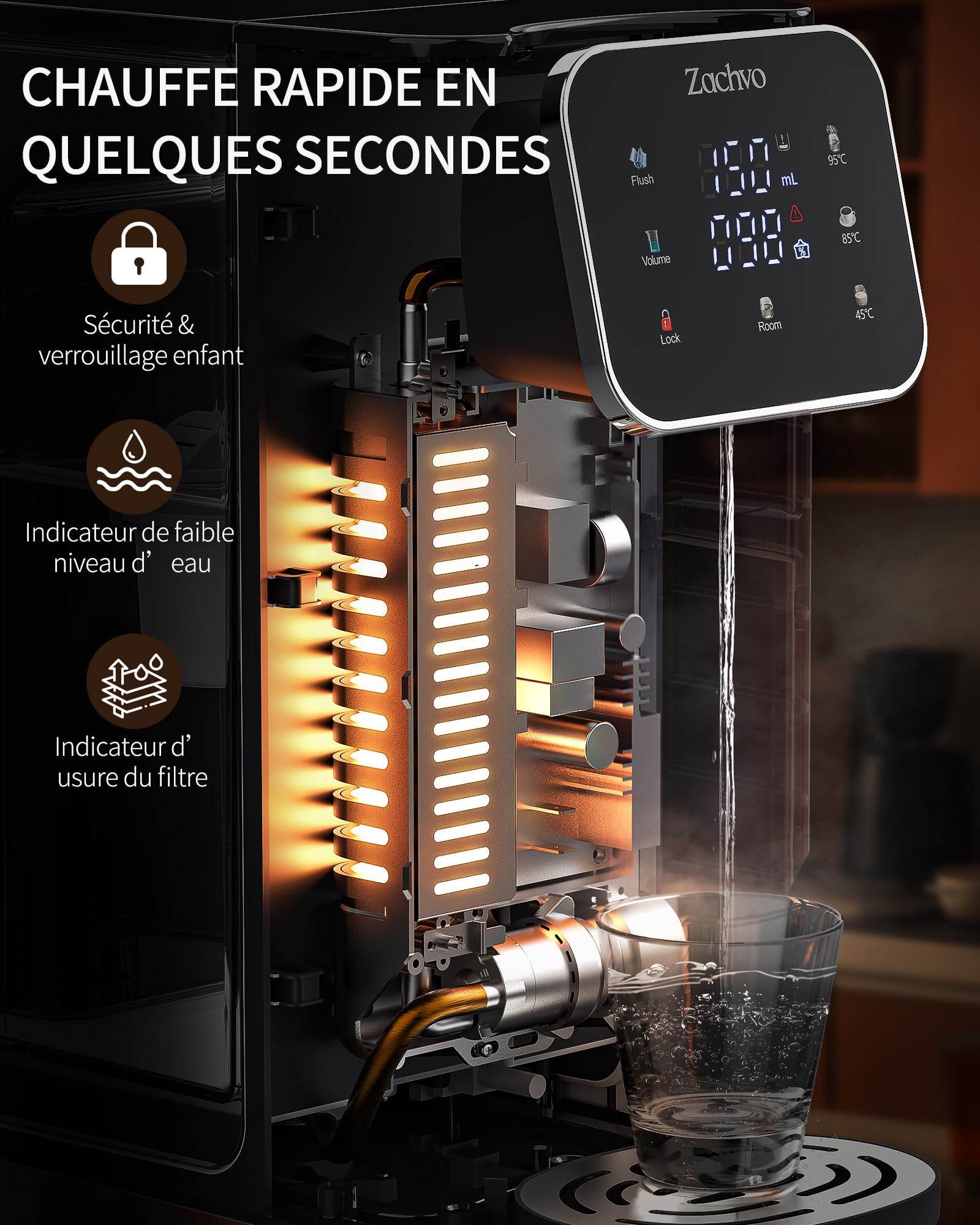 Distributeur d'eau chaude UR05-2200W – Eau chaude en quelques secondes, 4 niveaux de température & 3 volumes d’eau, réservoir 4L, compact, filtre à charbon actif, pour cuisine & bureau