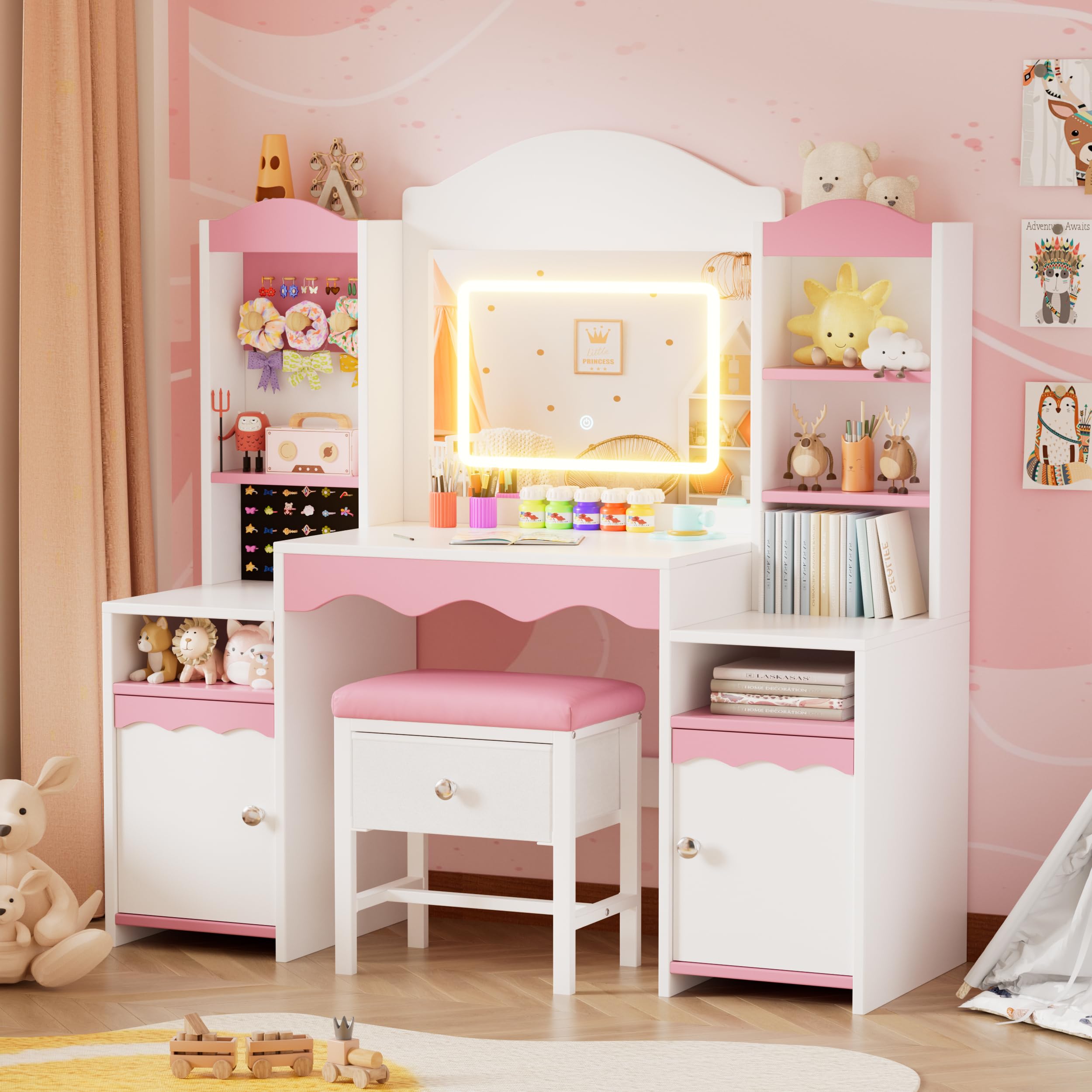MSFE 2 en 1 Coiffeuse Enfants avec LED Miroir & Chaise, Coiffeuses en Bois avec Support pour Bijoux, Grand Rangement, Ensemble de Bureau Enfant, Table de Maquillage pour Chambre à Coucher