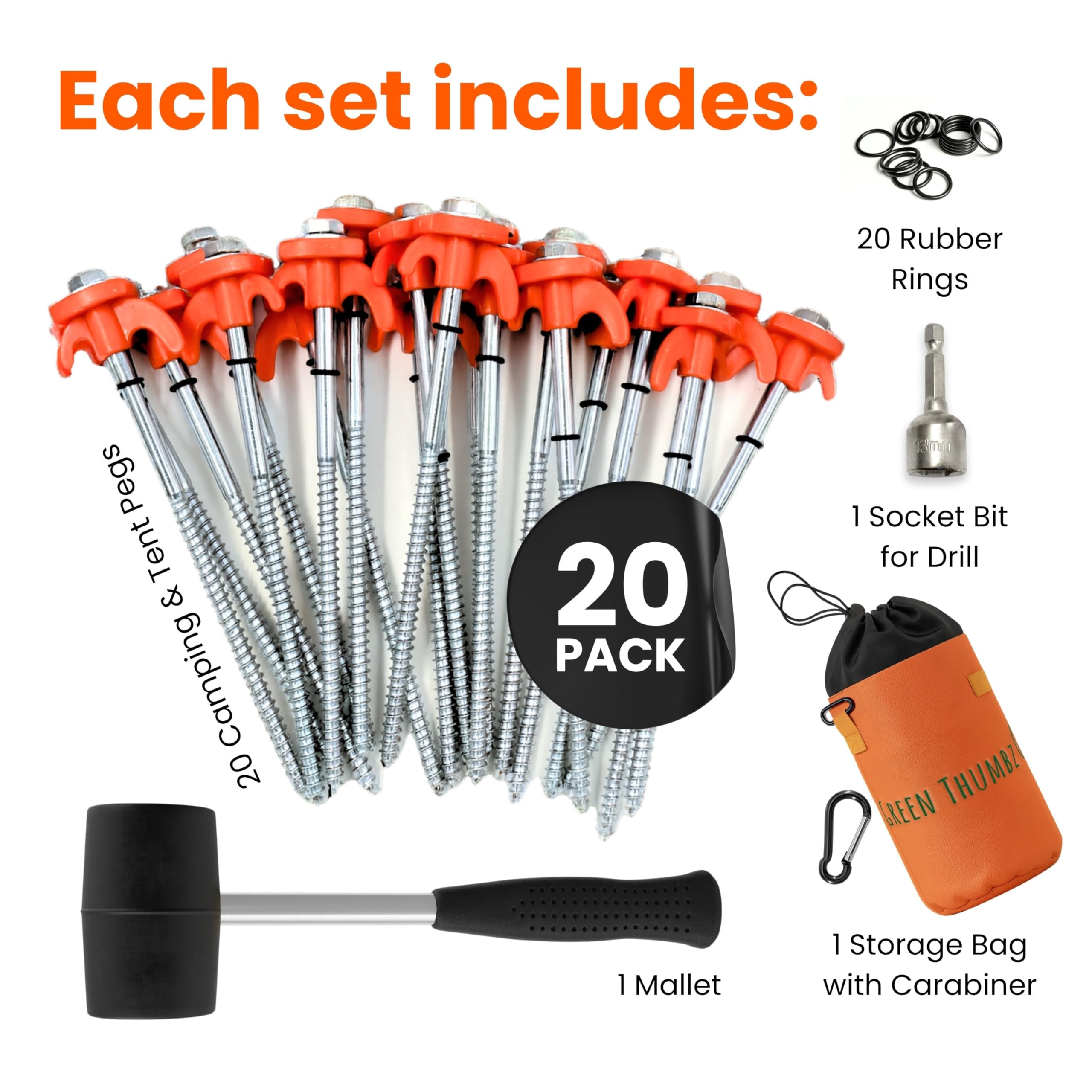 Lot de 20 piquets de tente robustes orange de 22 cm avec sac de rangement, mousqueton, anneaux en caoutchouc, embout à douille et maillet – Piquets de camping galvanisés pour l'extérieur