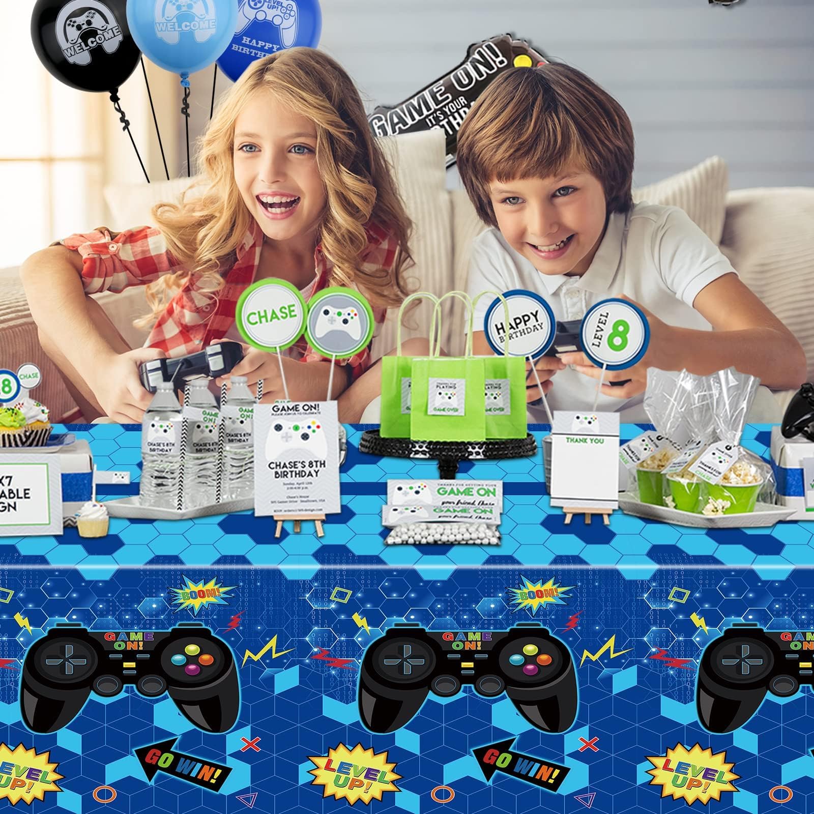 Set van 4 videogames tafelkleed, videogame, verjaardagsdecoratie, gaming verjaardagsfeestje, benodigdheden 218,4 x 129,5 cm, rechthoekige plastic