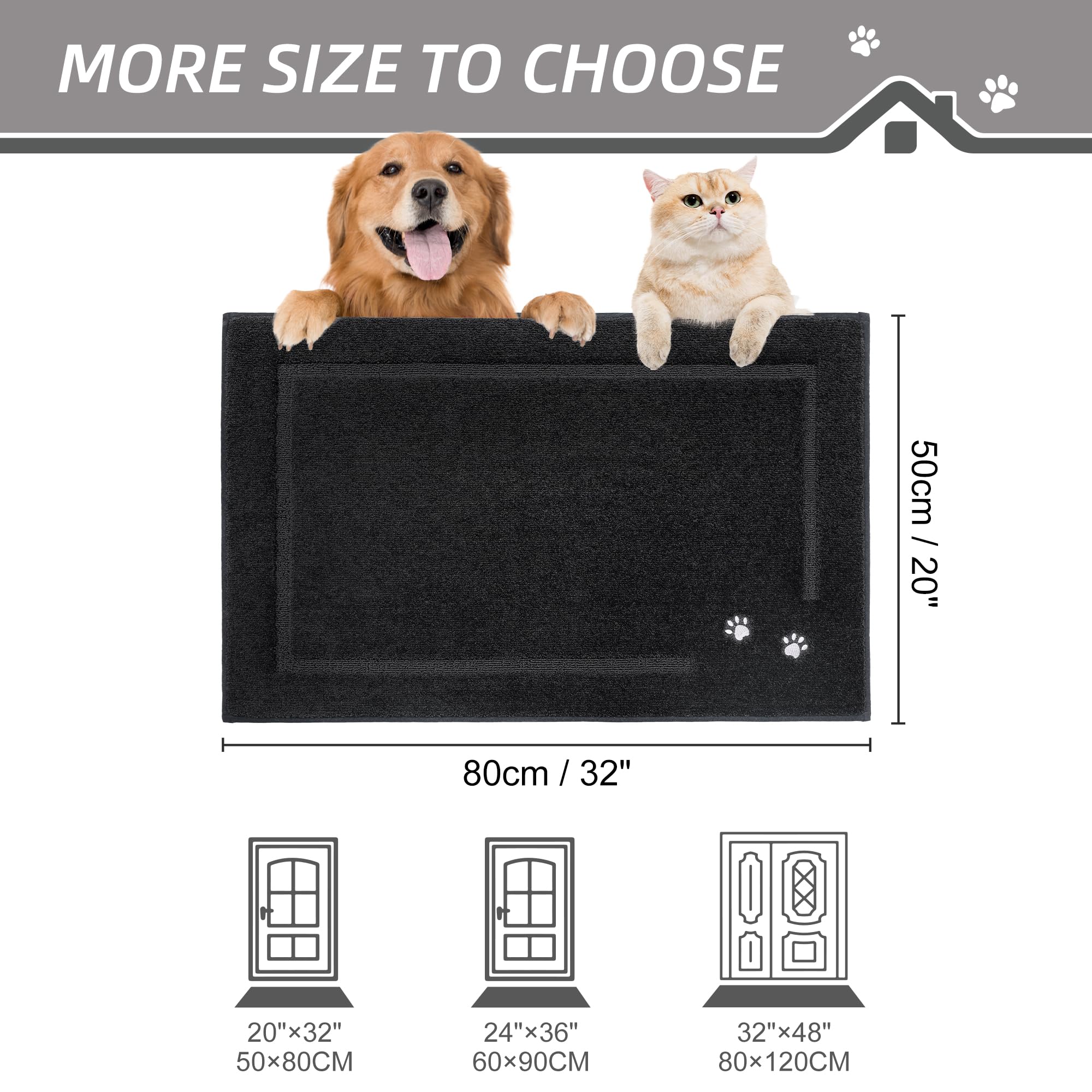 BEQHAUSE Dog Door Mat for Muddy Paws 50x80cm Dirt Trapper Absorbent Doormat Non Slip Entryway Rugs Washable Stain Resistant Welcome Floor Mat Soft Low-Profile for Front Back Door Black - Image 2