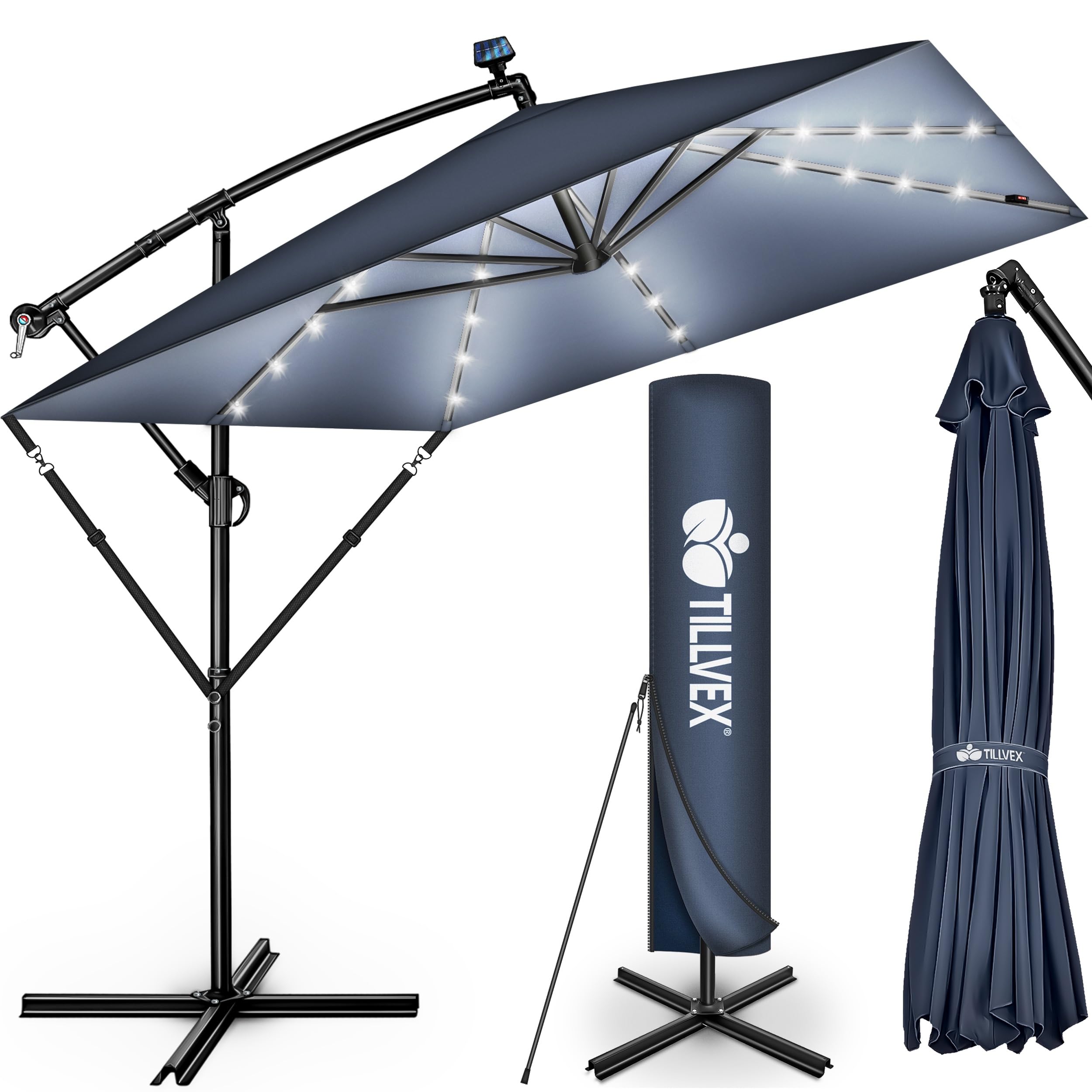 Tillvex Navy Blue Tillvex® Aluminium Parasol Rectangular Diameter 330 Cm With Led Solar + Cover With Crank | Cantilever Parasol With Stand And Wind Protection | Garden Umbrella Uv Protection, Waterproof, 360° Rotatable