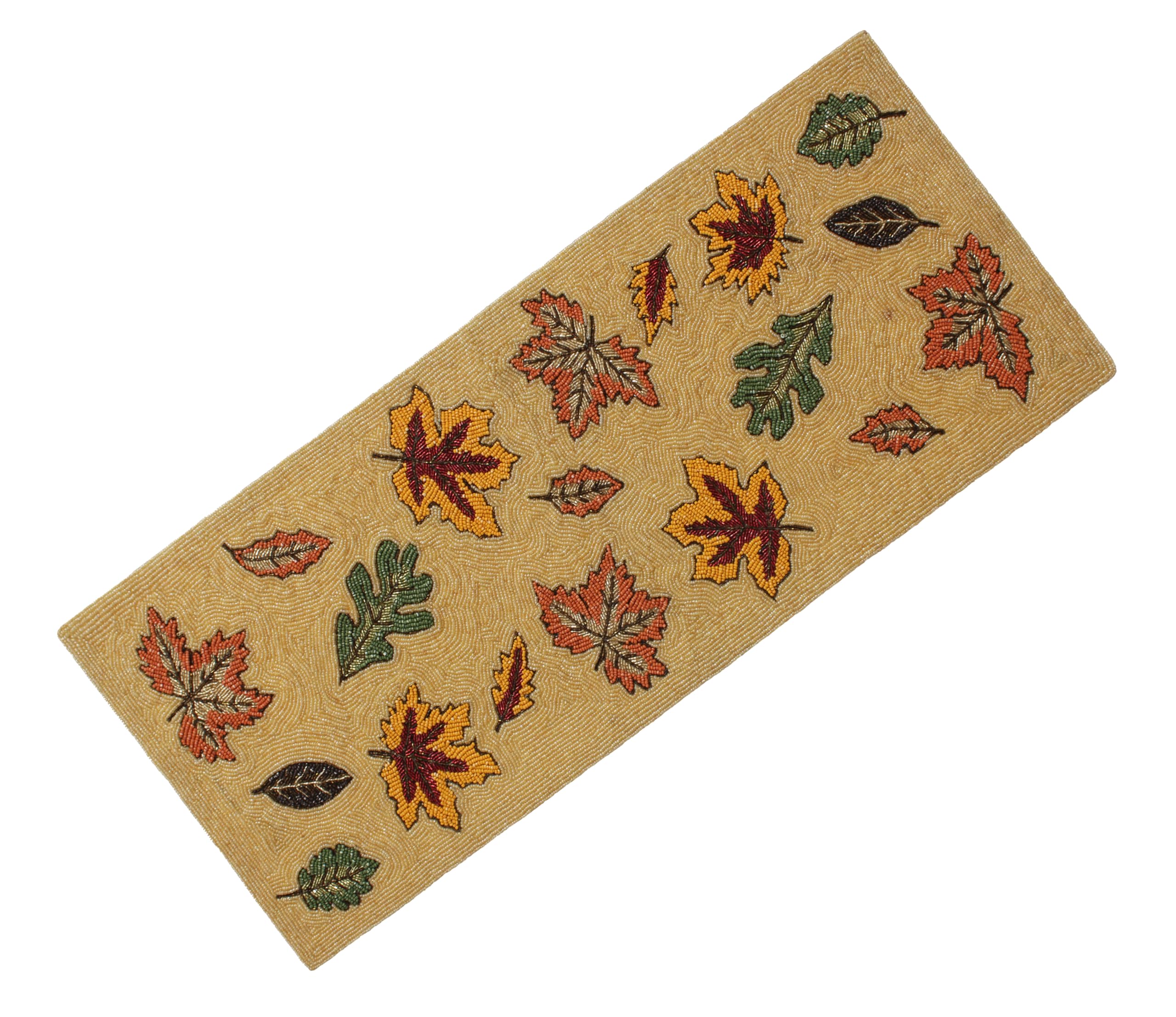 COTTON CRAFTHarvest Beaded Table Runner - Scattered Leaves Handmade Fall Tablerunner - Thanksgiving Autumn Foliage Christmas Celebration Holiday Party Dinner Tabletop Décor - 13x36 - Gold Rust Green