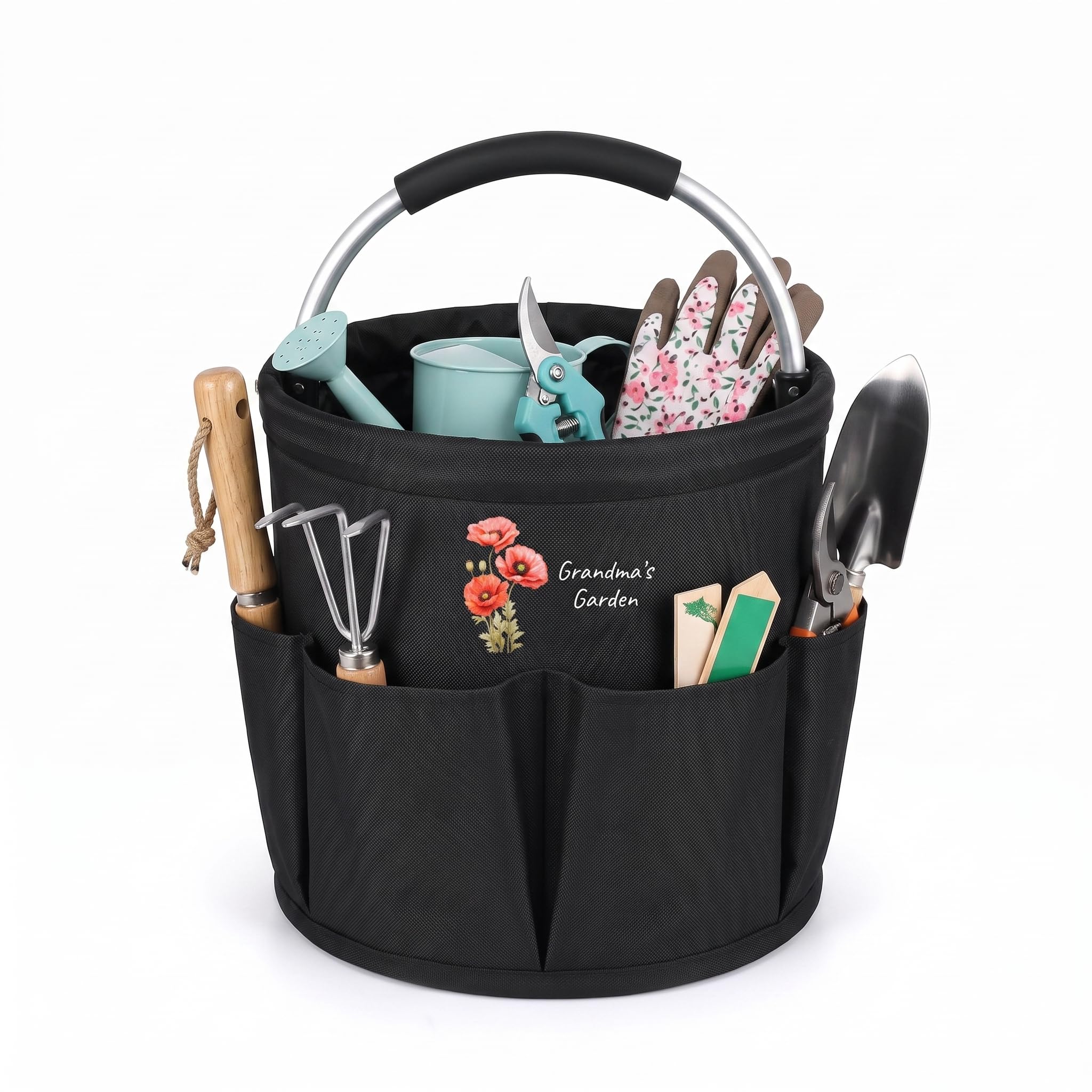 Amsgedhie Personalised Gardening Tool Bag with Handle Oxford Fabric Gardening Storage Box with Birth Flowers Text Foldable Multi-Pocket Tote Bag, Gardening Gift for Men and Women，Black