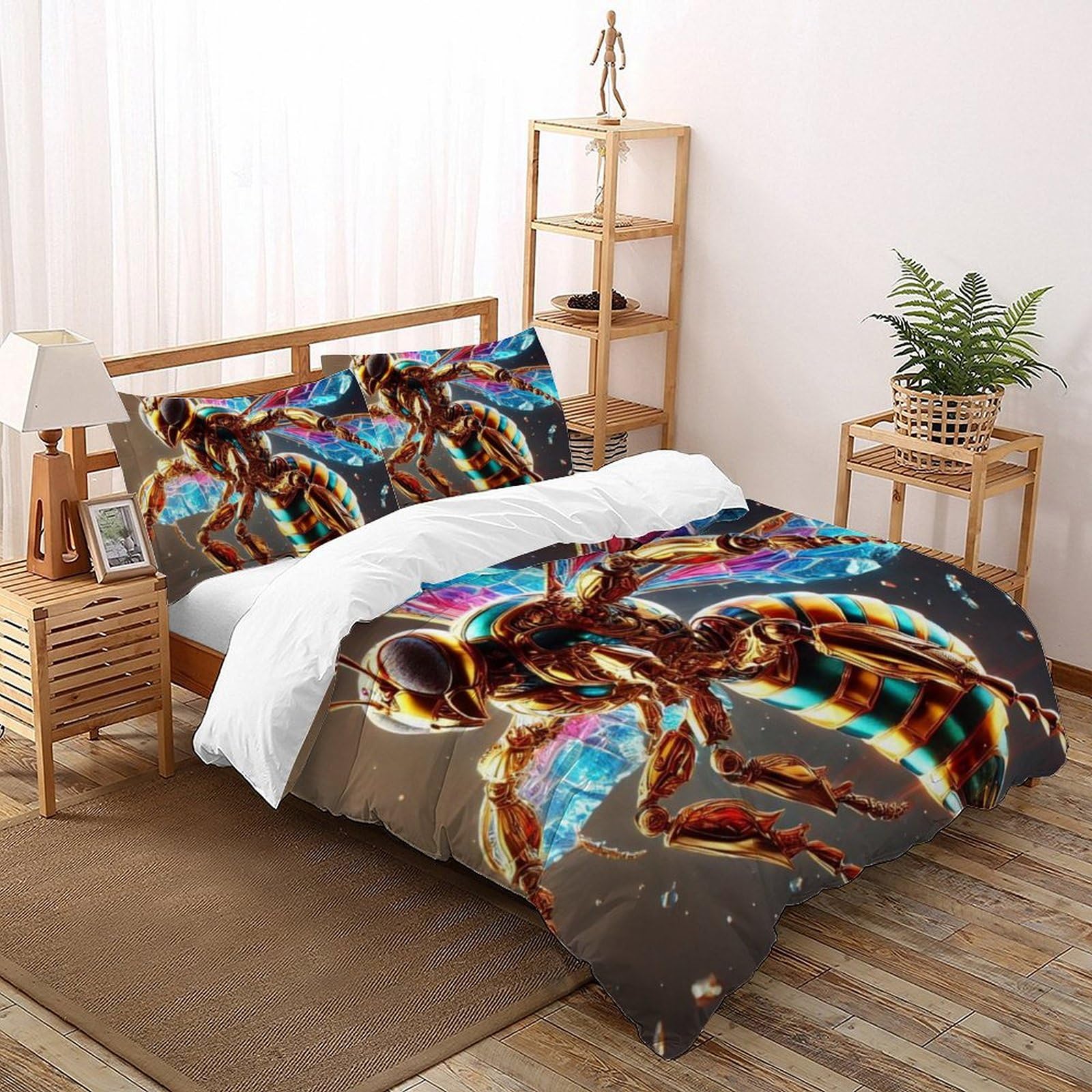 Housse de couette abeille 260x220 cm en microfibre avec 2 taies d'oreiller pour lit super king