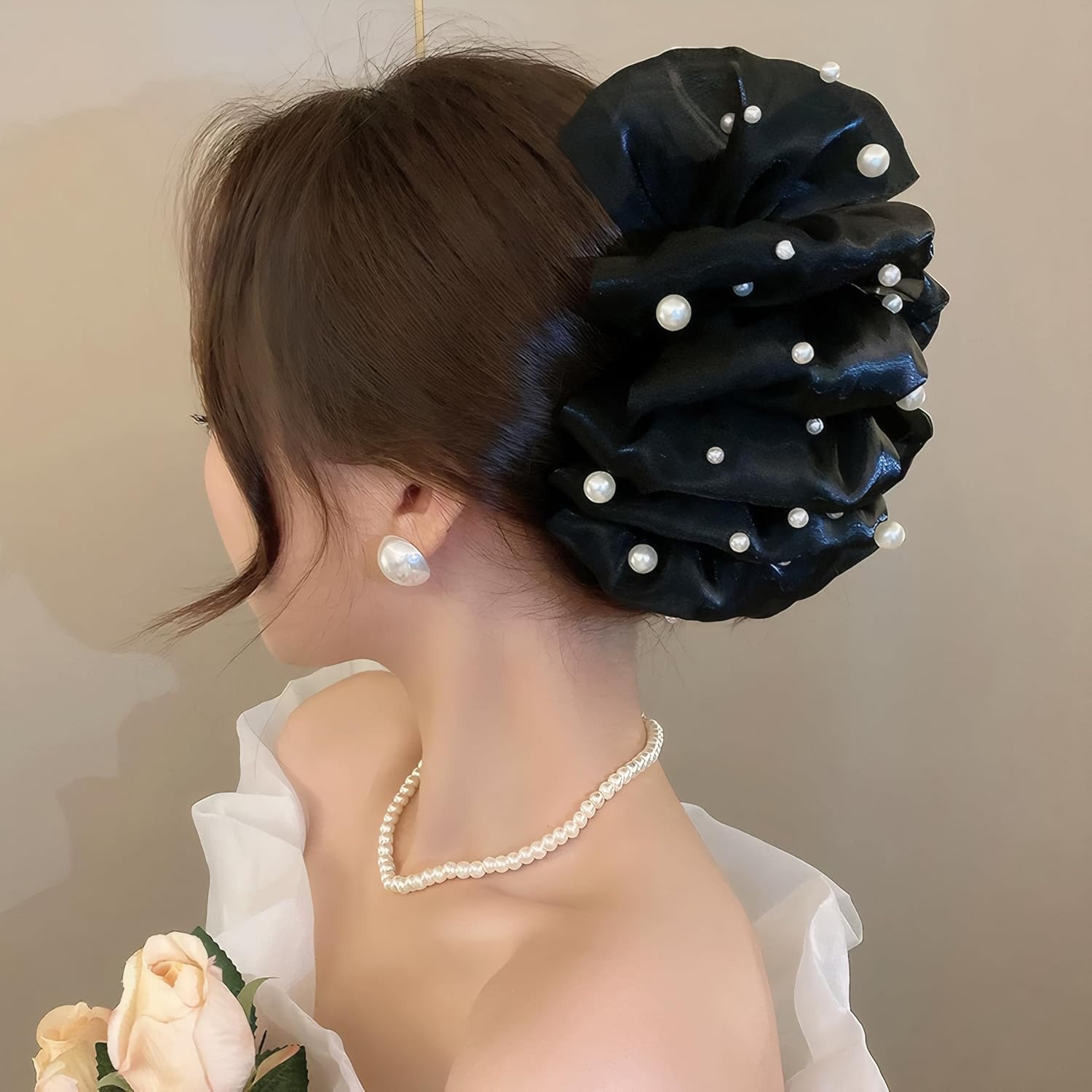 Large Bow Chiffon Silk Hair Clips for Women Pearl Mesh Bubble Hair Barrettes for Thick Thin Hair Elegant Feather Claw Clips Hair Accessories (Silk Pearl Black) - Image 2