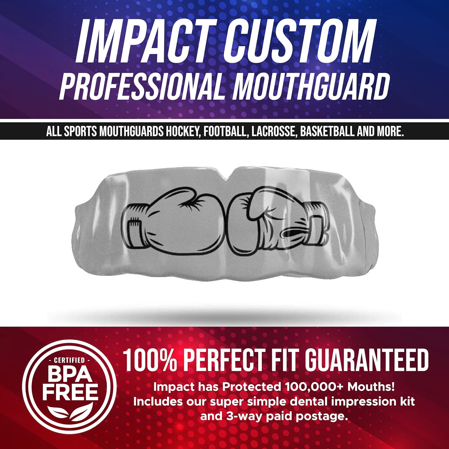 Impact All Sports Mouthguard Lacrosse, Football, Hockey, Basketball, ​​Jiu-Jitsu, and More, Breathable Mouthguard for Youth Adults, Professional Custom-Fit, Silver Gloves