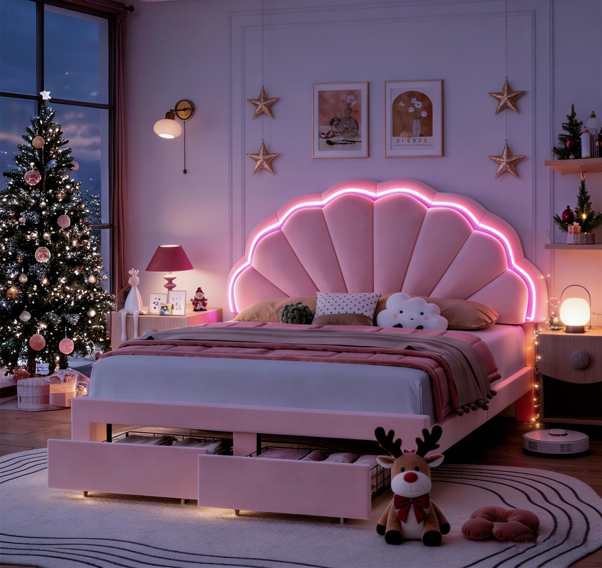 HIFIT Full Size Upholstered Smart LED Bed Frame with 2 Storage Drawers and Adjustable Chic Double Petal Headboard, Princess Platform Bed for Girls, Solid Wood Slats Support/No Box Spring Needed, Pink