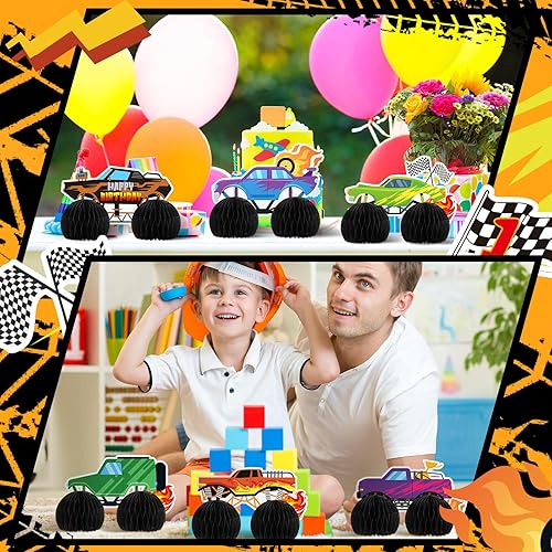 Miniatura 6 de Chivertion 9 piezas de decoración de fiesta de camión monstruo, camión monstruo, suministros de fiesta de cumpleaños, adornos de auto de panal de