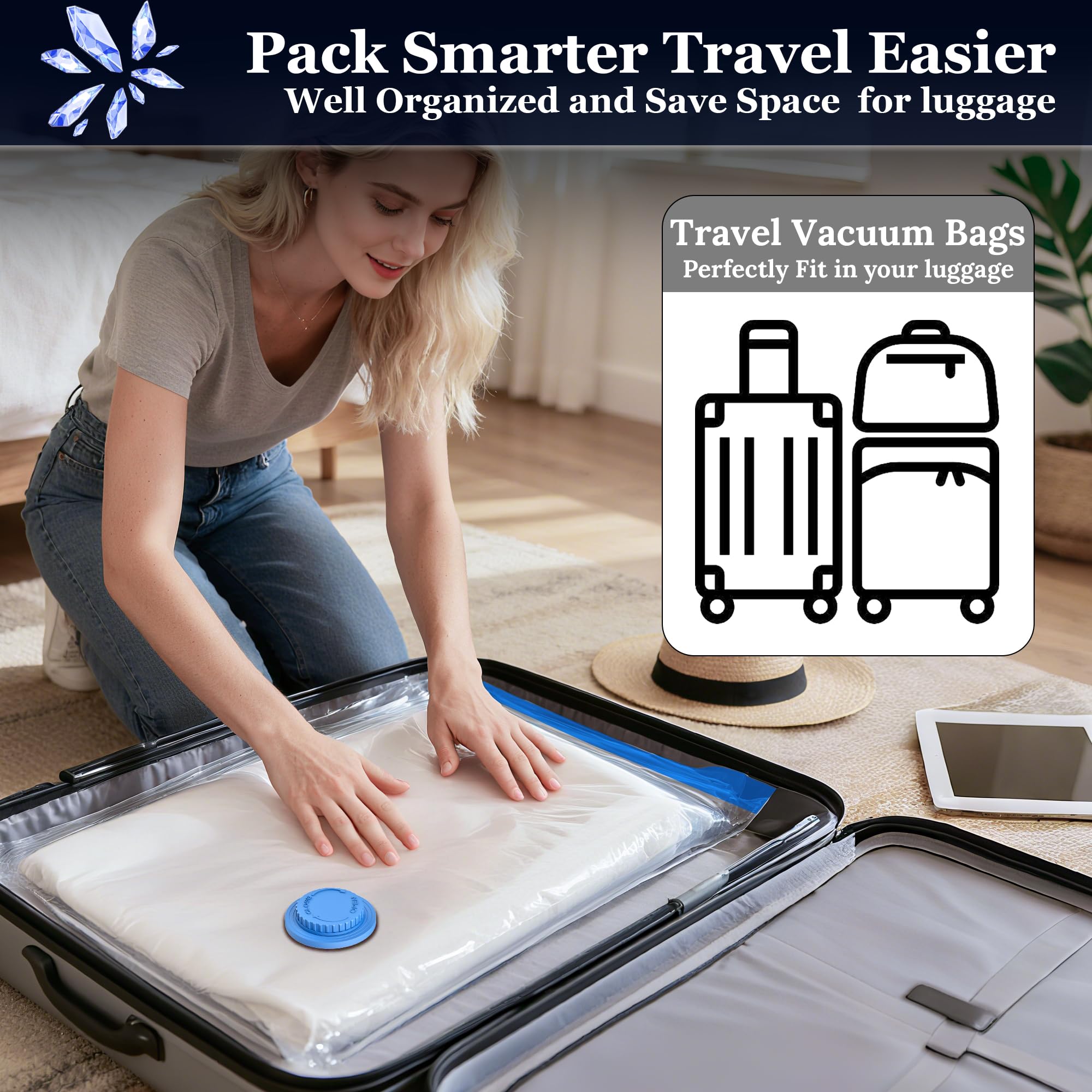 Bolsas de sellado al vacío para ropa, viajes, bolsa de almacenamiento al vacío con bomba de aire (12 bolsas combinadas + bomba eléctrica)