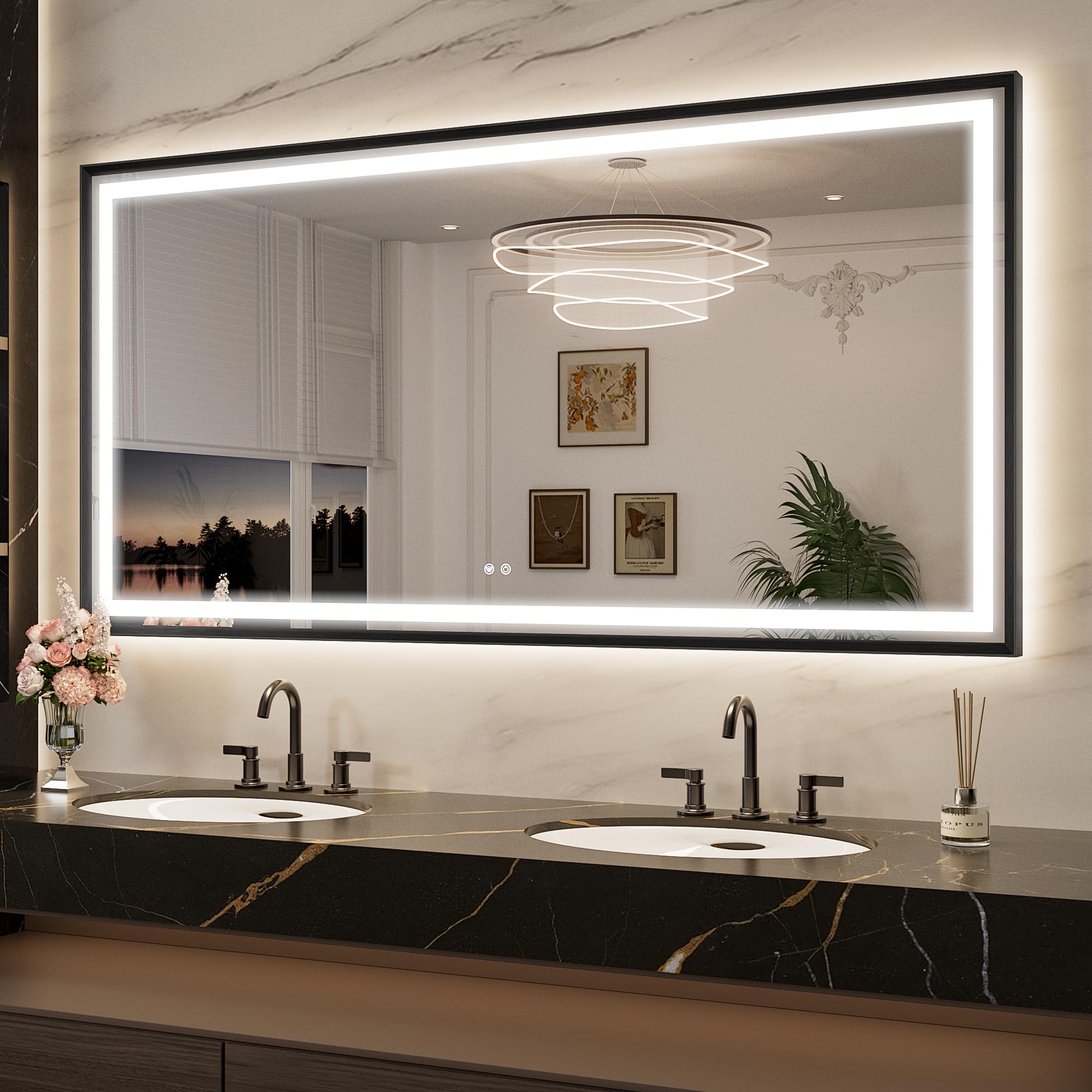 Photo 1 of Keonjinn 72x36 Inch Black LED Bathroom Mirror with Lights, Beveled Edge