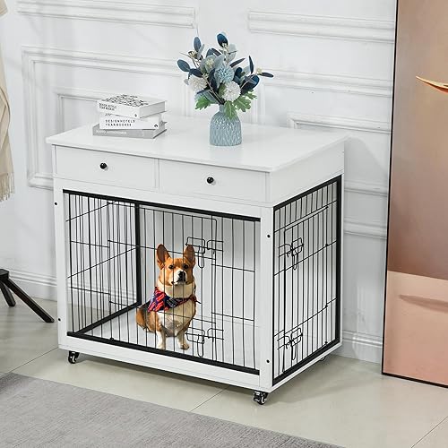 Okak - Jaula para perros, estilo mueble, mesa auxiliar con cajones, jaula de madera para perros con puertas de tubo de acero, perrera interior para
