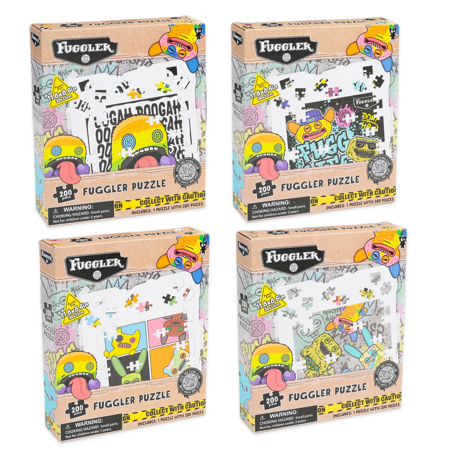 Fuggler Juego de rompecabezas – Paquete de 4 unidades con 200 piezas divertidas de monstruos feos más calcomanías y más para niños, adultos | Rompecabezas Fuggler 4 unidades