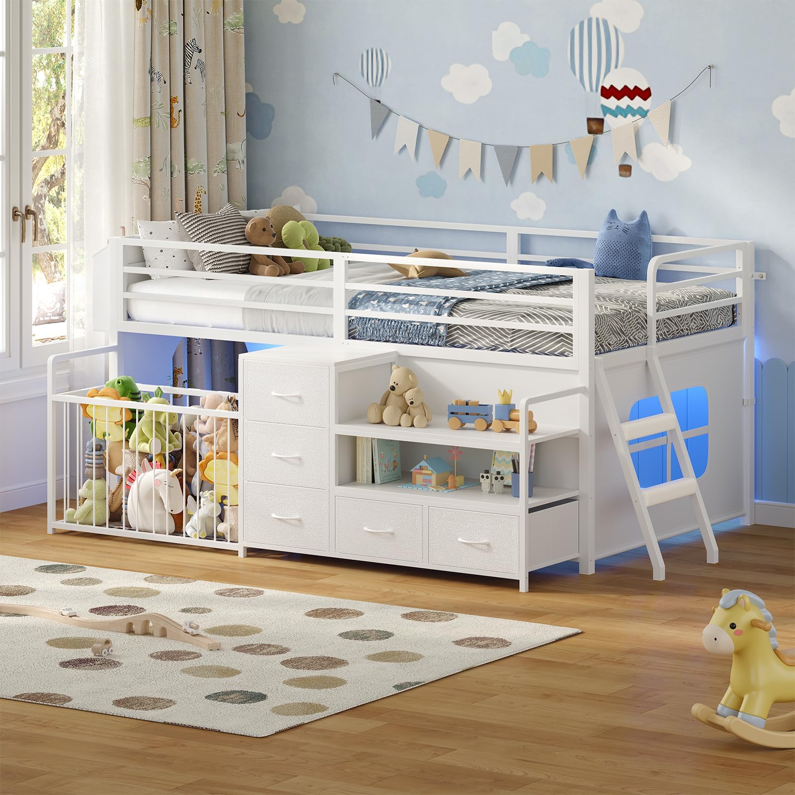 KIMENICH Hochbett 90x200, Bett mit 5 Schubladen, Kuscheltier Aufbewahrung