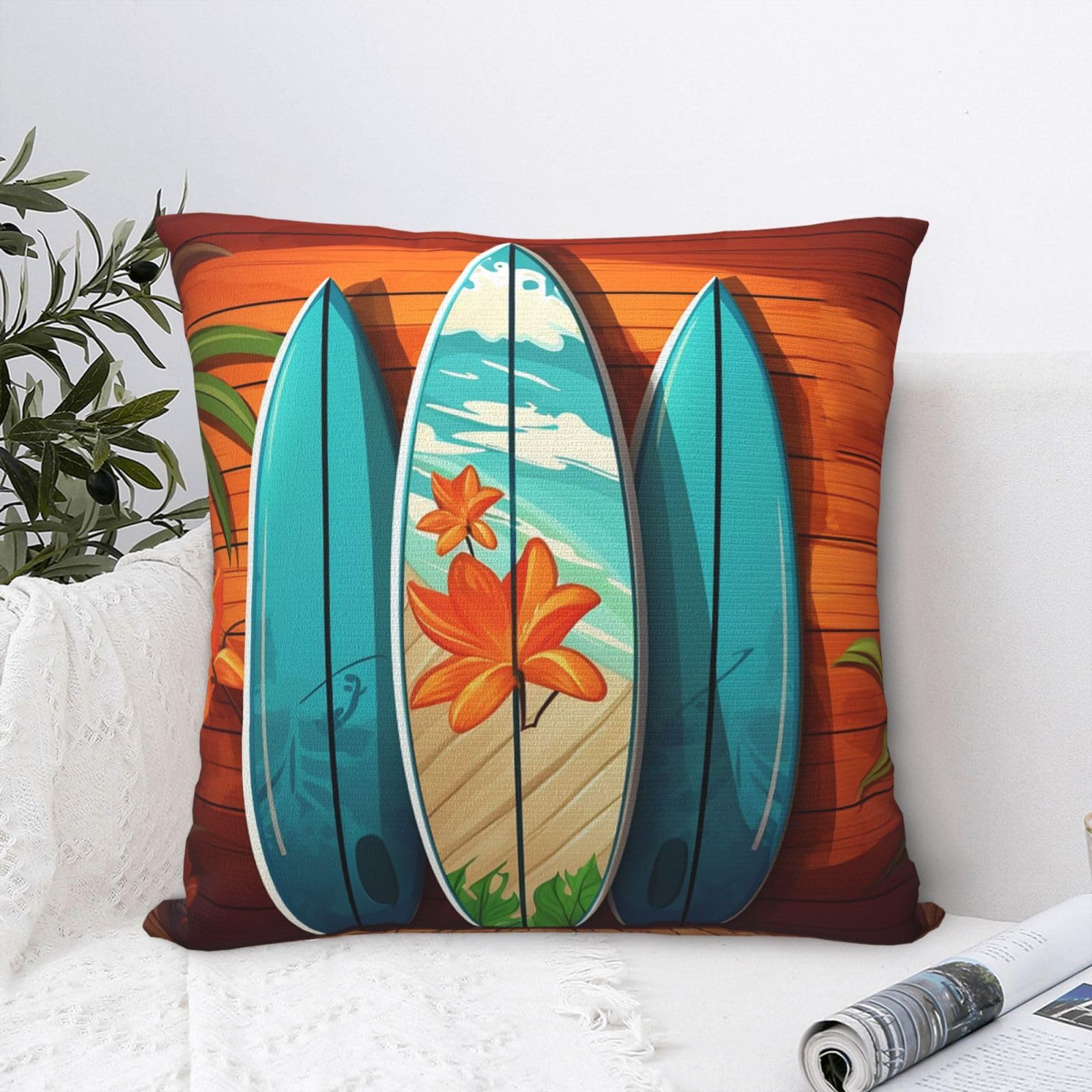 FodPand Luxury Velvet Throw Pillow Covers 20"x20" Super Soft Decorative Pillow Cases - Surfboard on Wooden Pillowcases Modern Lumbar Cushion Cases for Couch Sofa Bed Pillow Shams