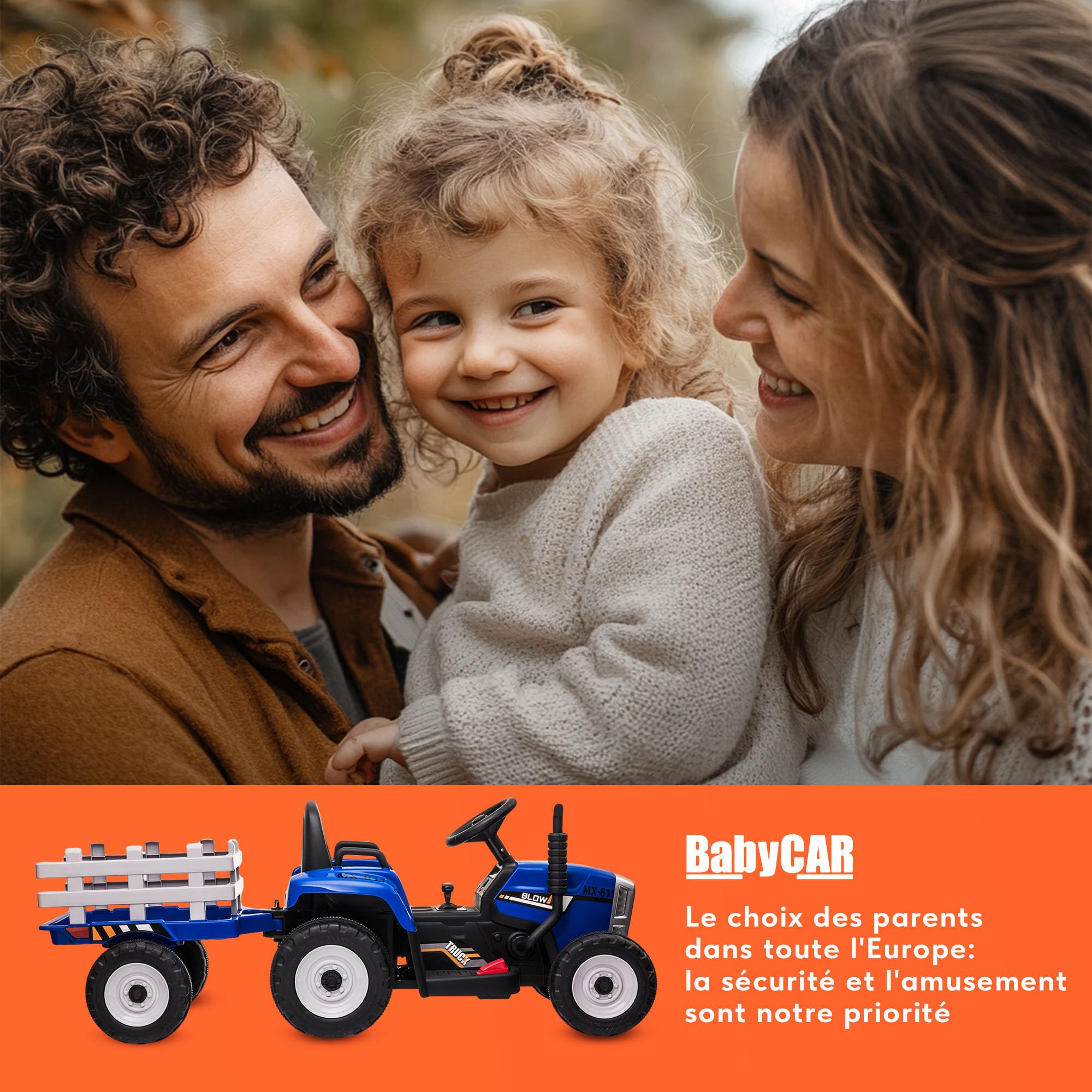 Tracteur Electrique Enfant avec remorque New Holland 12V de Babycar - Jouet Tracteur Electrique Enfant avec MP3 Licence Officielle et télécommande (Bleu)