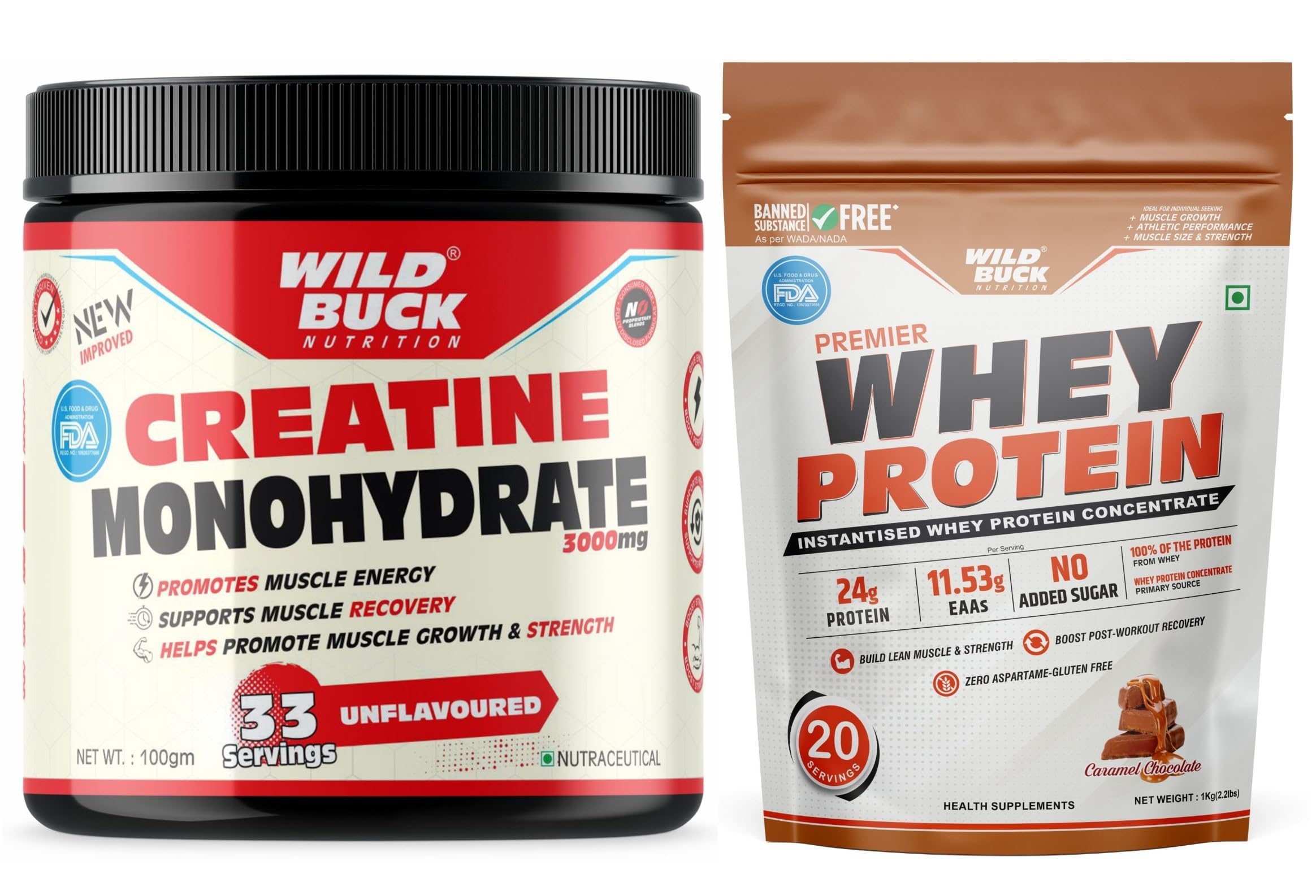 WILD BUCK Creatine Monohydrate Powder, Strength, Reduce Fatigue, 100% Pure Creatine, Lean Muscle Building, Supports Muscle Growth, Athletic Performance, Recovery [33 Servings, Unflavoured] + WILD BUCK Premier Whey Protein Concentrate 100%, 24g High Protein, 5.43g BCAA, 11.53g EAA & Added Digestive Enzymes | Muscle-Building Whey Protein Powder | Sports Drink for Recovery & Muscle Growth | For Men & Women [1kg, Caramel Chocolate]-image-39