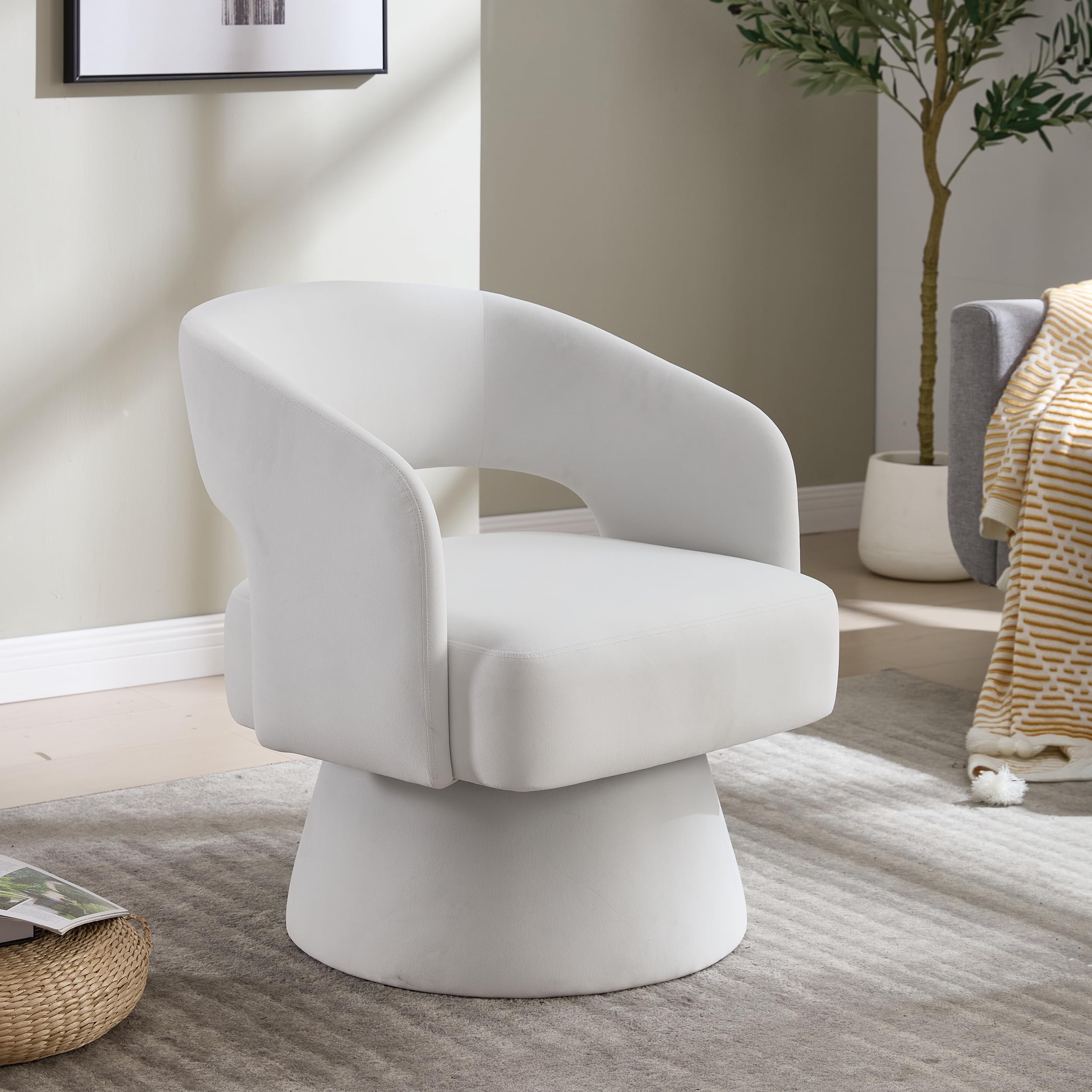 360° drehbarer Drehsessel & Polstersessel mit Samtbezug – Loungesessel & Rundfaßstuhl, weiche Schaumpolster, ergonomische Rückenlehne, Metall-Drehfuß, für Wohnzimmer & Schlafzimmer, Beige